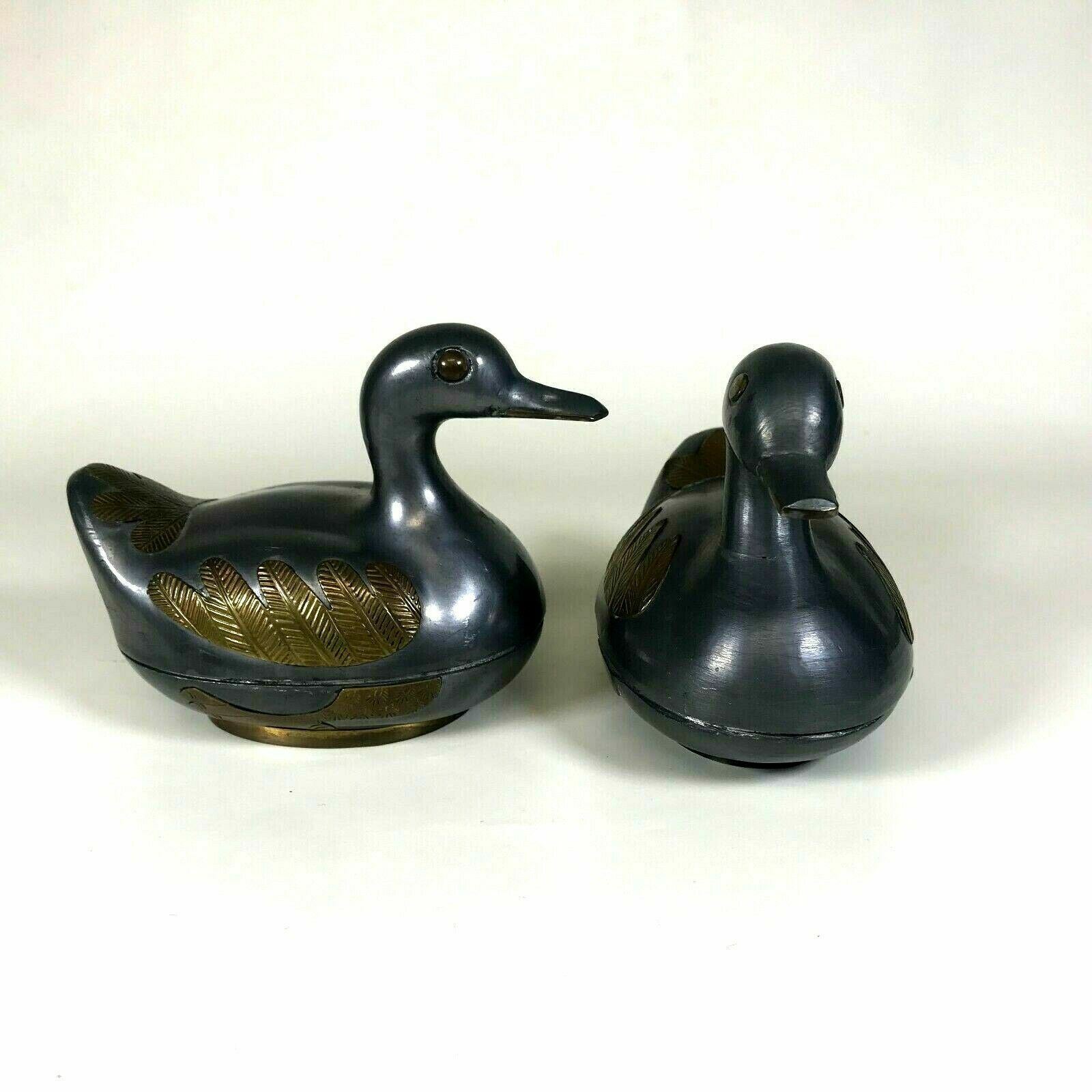 Pair of Small Chinese Pewter Duck Covered Dishes