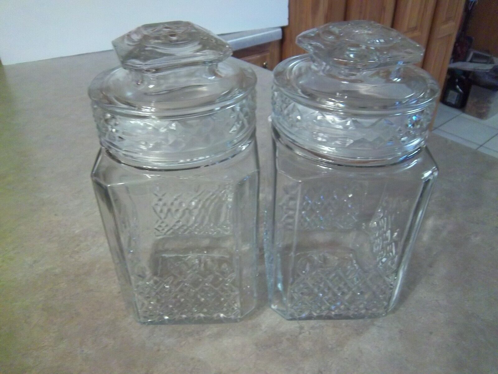 2 Vintage Koeze's 9 in. Glass Canister w/Lids - Kitchen Storage - Apothecary Jar