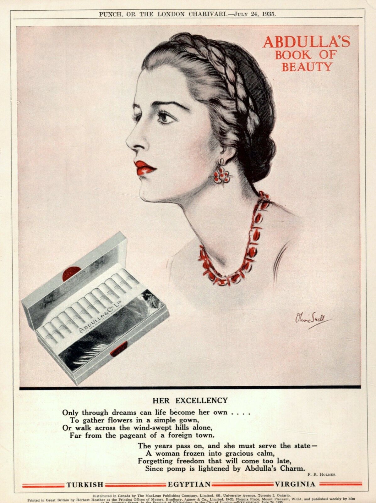 Vintage British ABDULLA CIGARETTES (For Women) ADVERTISEMENT - Olive Suell 