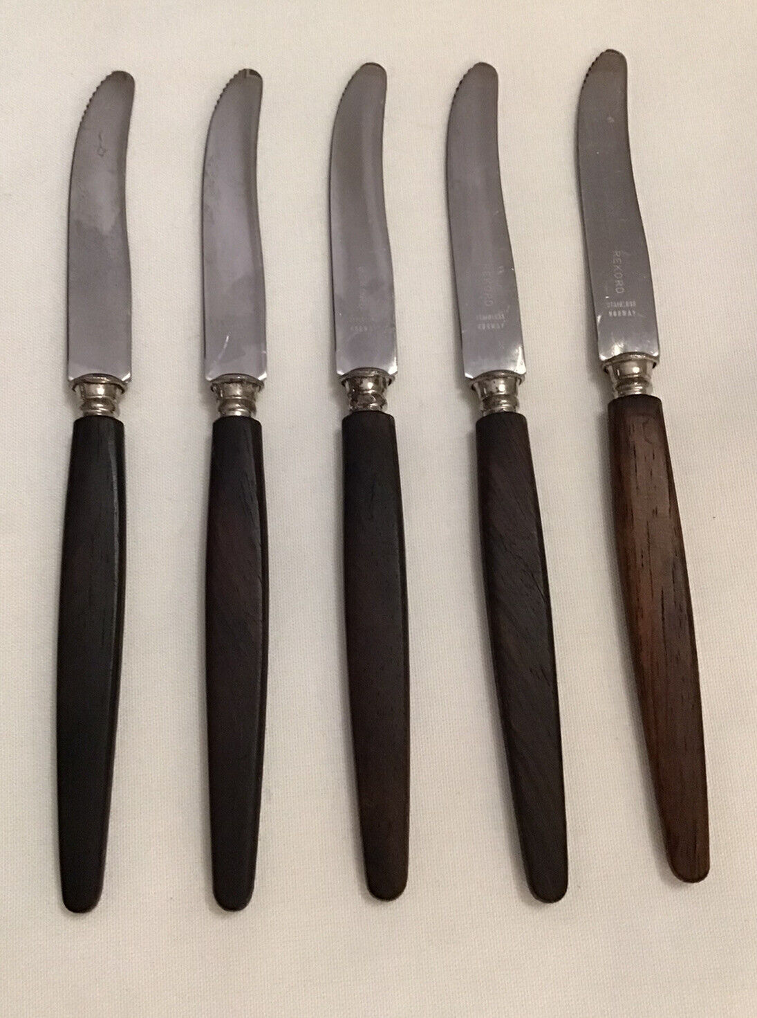 REKORD Stainless Norway MCM Five Teak Stainless Serated Fruit Knives 7”