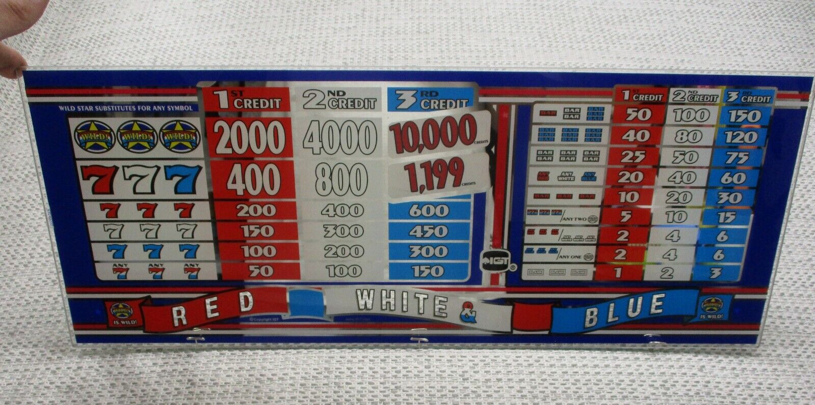 IGT Vintage Red White and Blue Casino Slot Machine Glass 23.75x9.25 inch