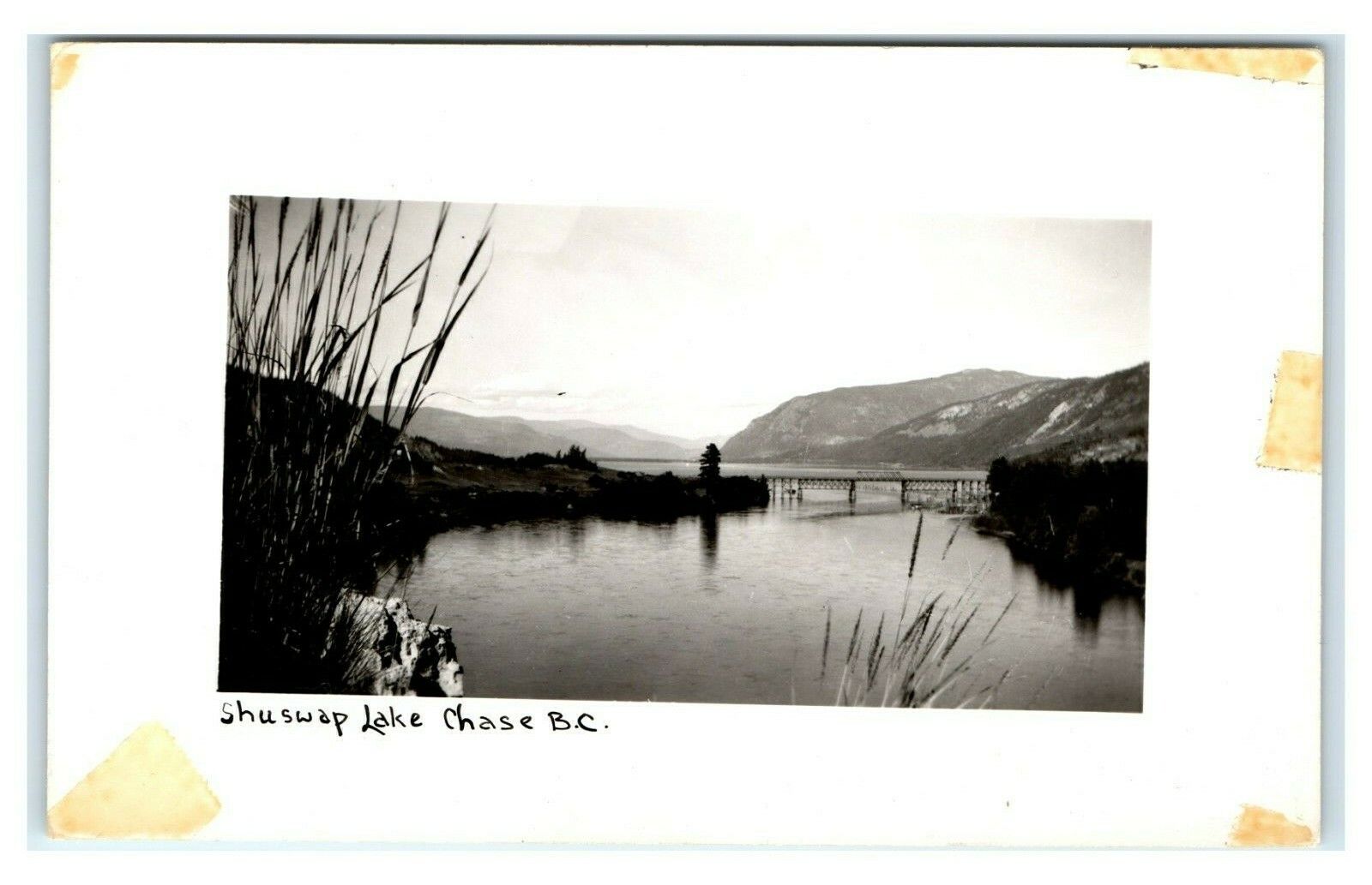 Postcard Shuswap Lake, Chase BC Canada - bridge in distance RPPC L7