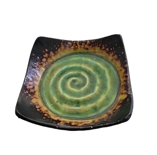 Pier 1 Imports Stoneware Hand Painted Green Swirl Candle Holder Plate 6\