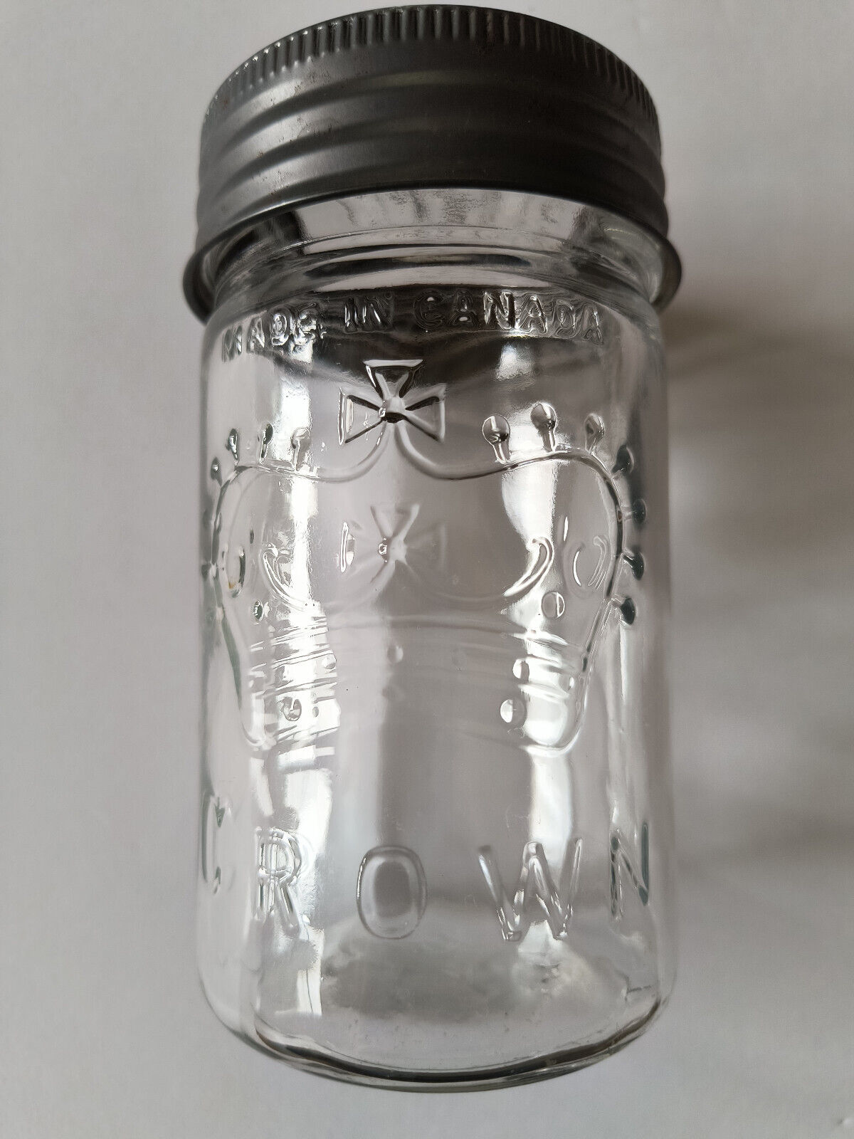 Vintage 1949 Crown Pint Canning Jar w/Glass Lid, Zink Ring, Canada