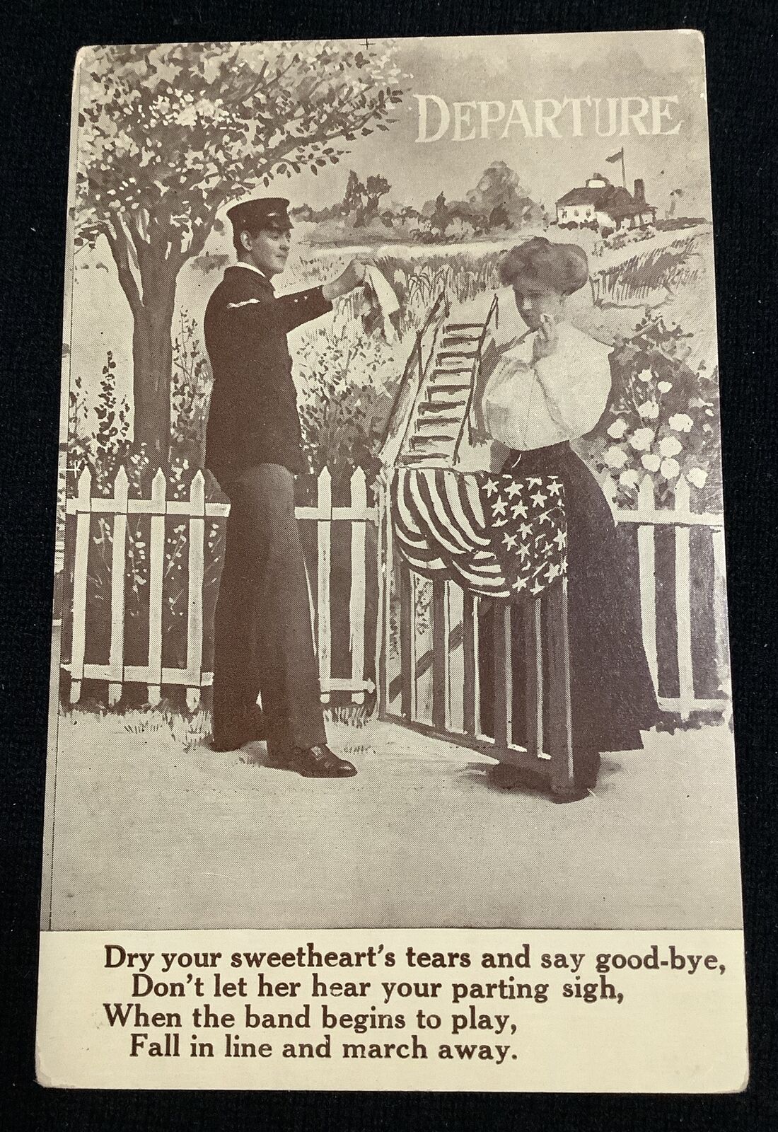 Vintage Patriotic Postcard Recruited Off To War American Flag “Departure”