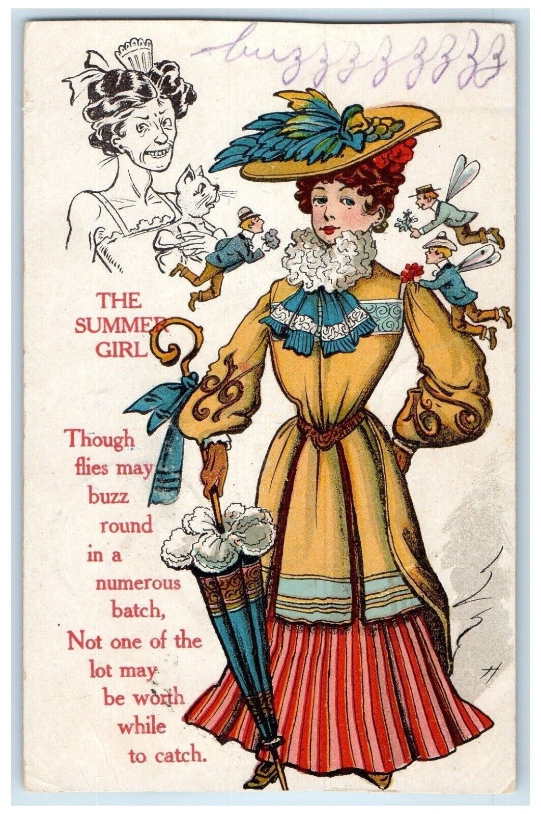 c1905 The Summer Girl Big Hat Faries Umbrella Auburn Iowa IA Antique Postcard