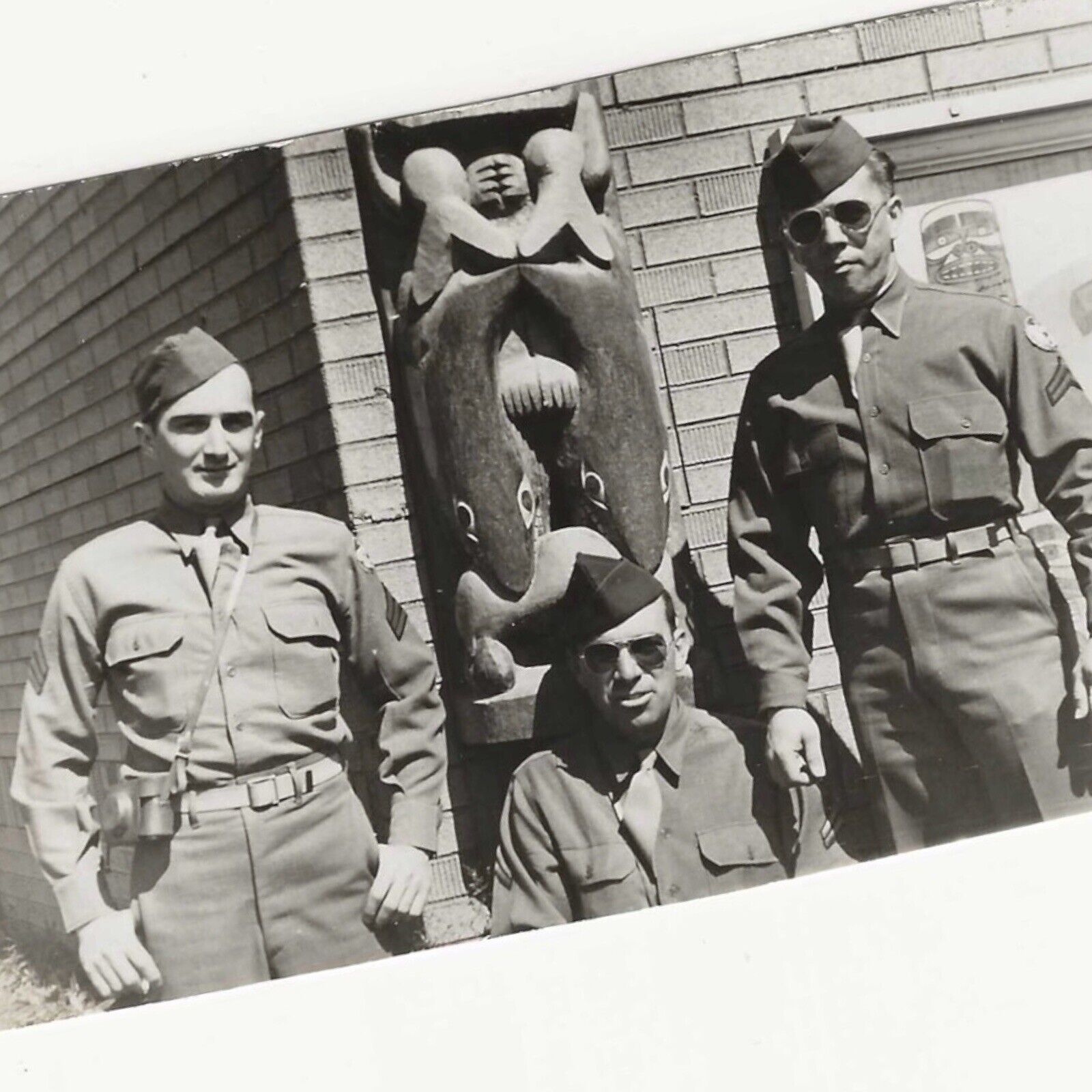 Vintage Snapshot Photo Three Men Military Uniform Sunglasses Camera Totem Pole