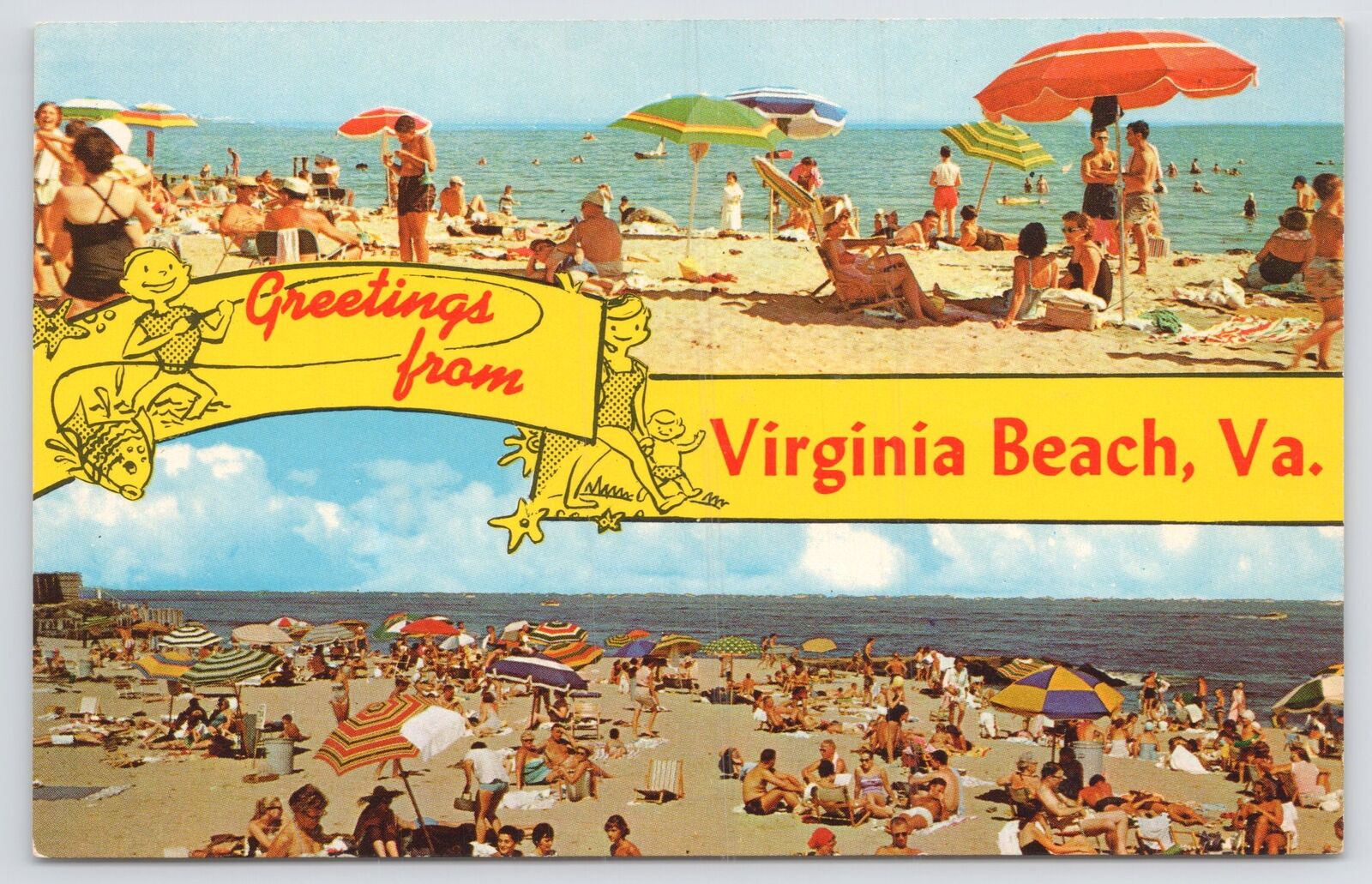 Virginia Beach Virginia~Beach Views~Sunbathers~Sun Umbrellas~1960s Postcard