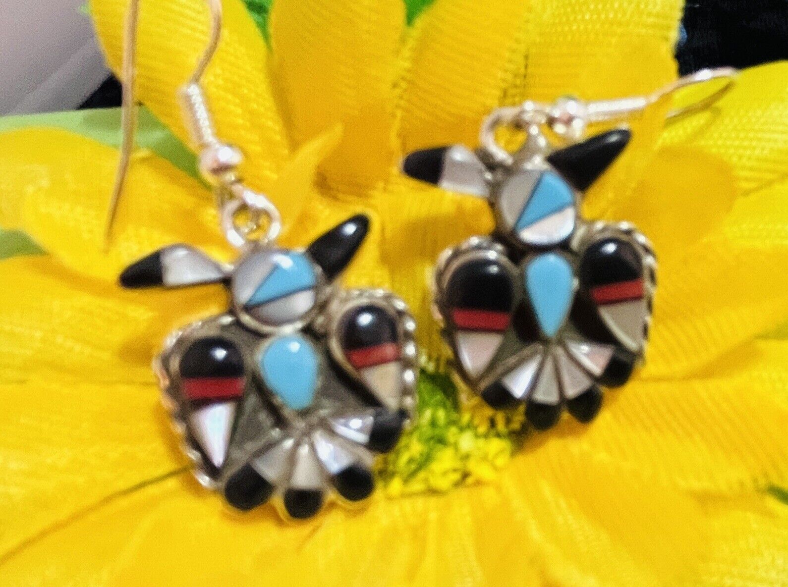 Navajo Sterling Turquoise Coral Thunderbird Earrings #930 SIGNED