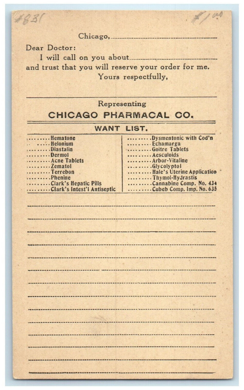 c1940\'s Chicago Pharmacal Co. Want List Chicago Illinois IL Postal Card