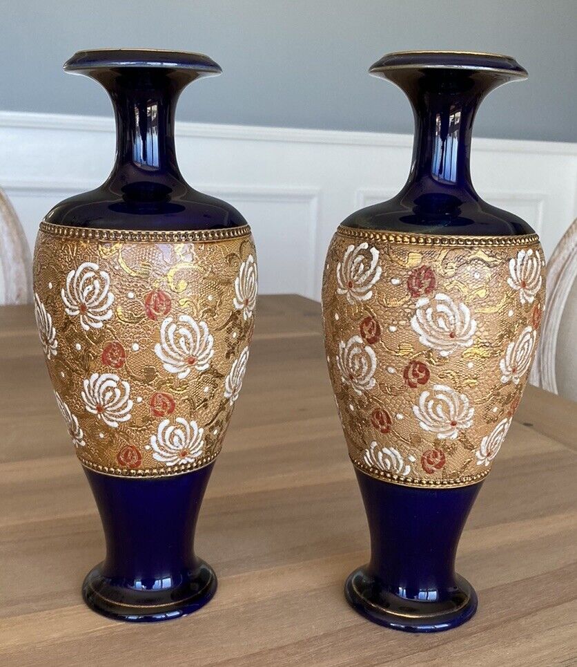 Antique Royal Doulton Vases - Cobalt Blue - Doulton & Slater Patent - Set of 2