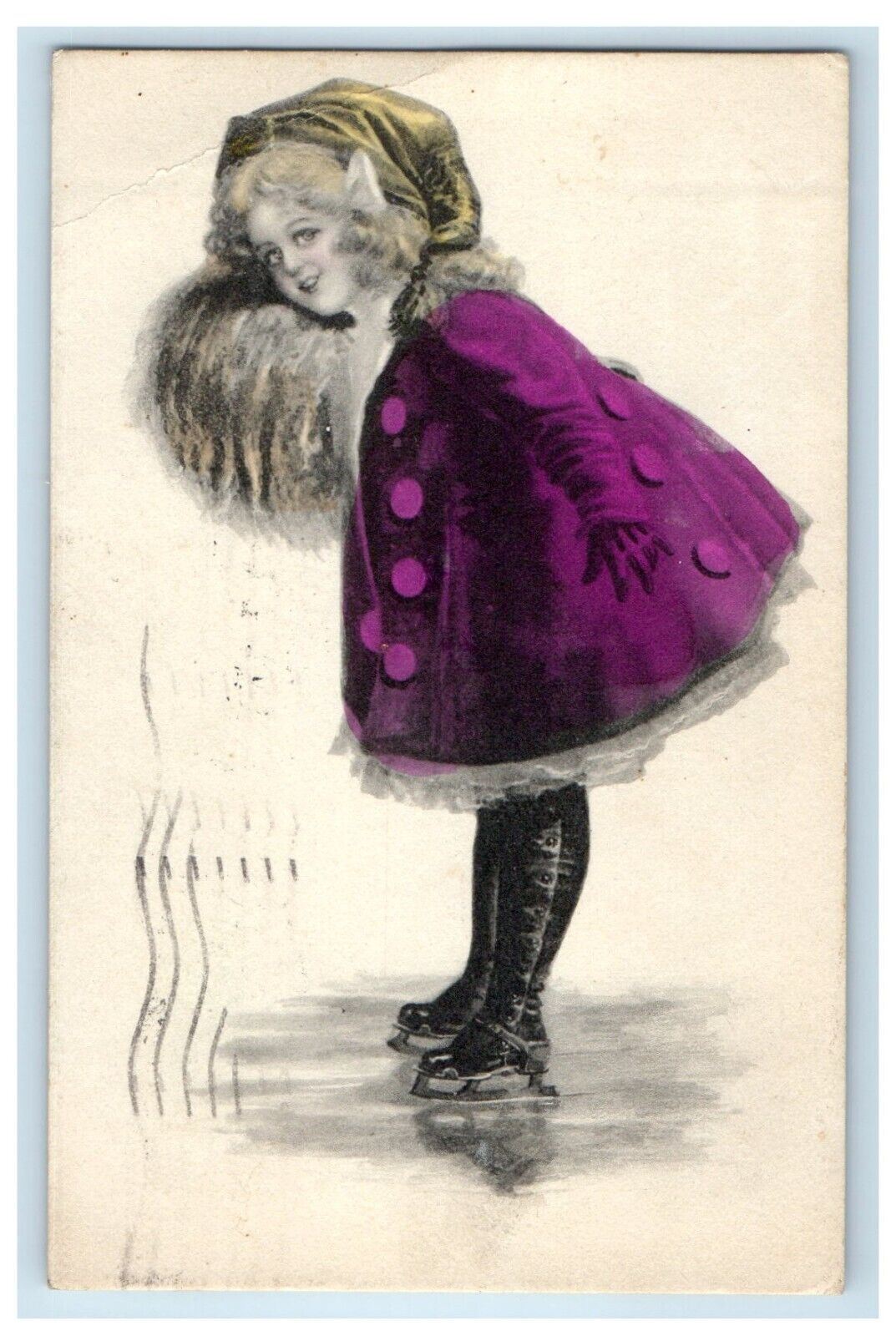 1910 Pretty Girl Purple Dress Warmer Ice Skates Posted Antique Postcard