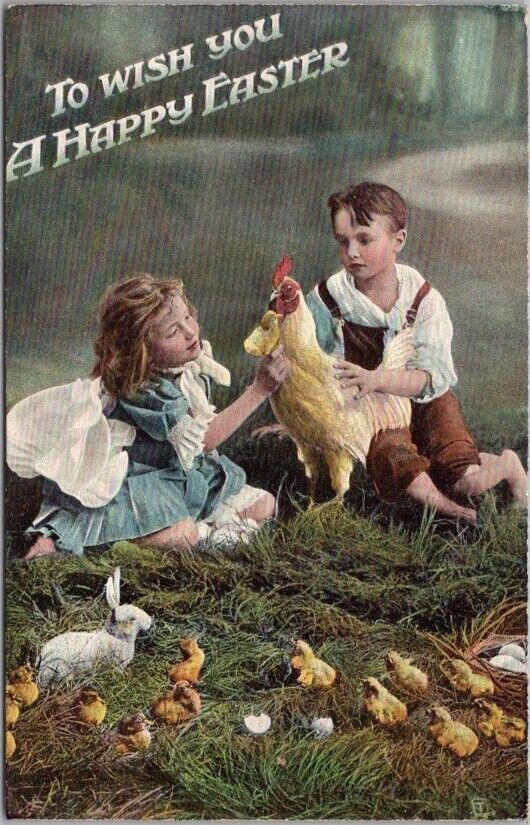 c1910s HAPPY EASTER Postcard Boy & Girl with Chicks & Bunnies TUCK\'S Series 1710