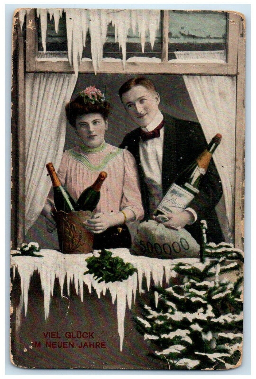 c1910's New Year Couple Sweetheart Champagne Pine Tree Winter Antique Postcard