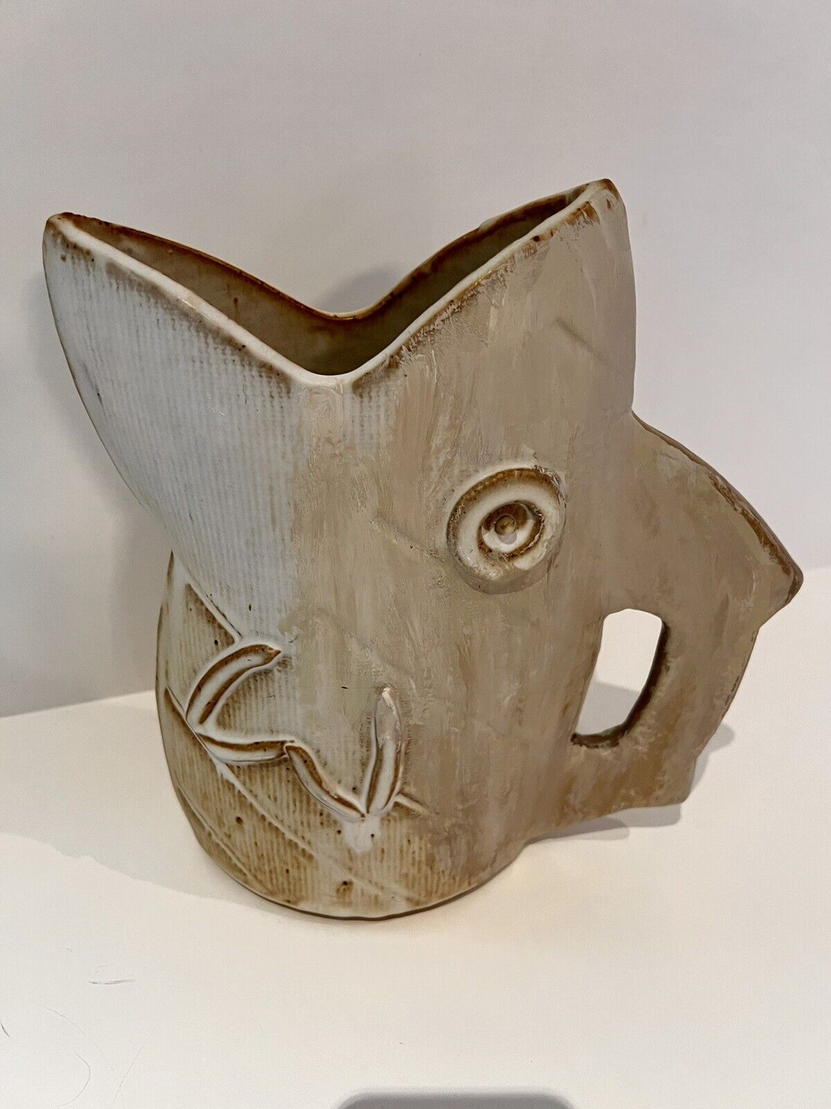 Terry Oss Matte White Green Studio Art Pottery Fish Pitcher/Vase Whimsical