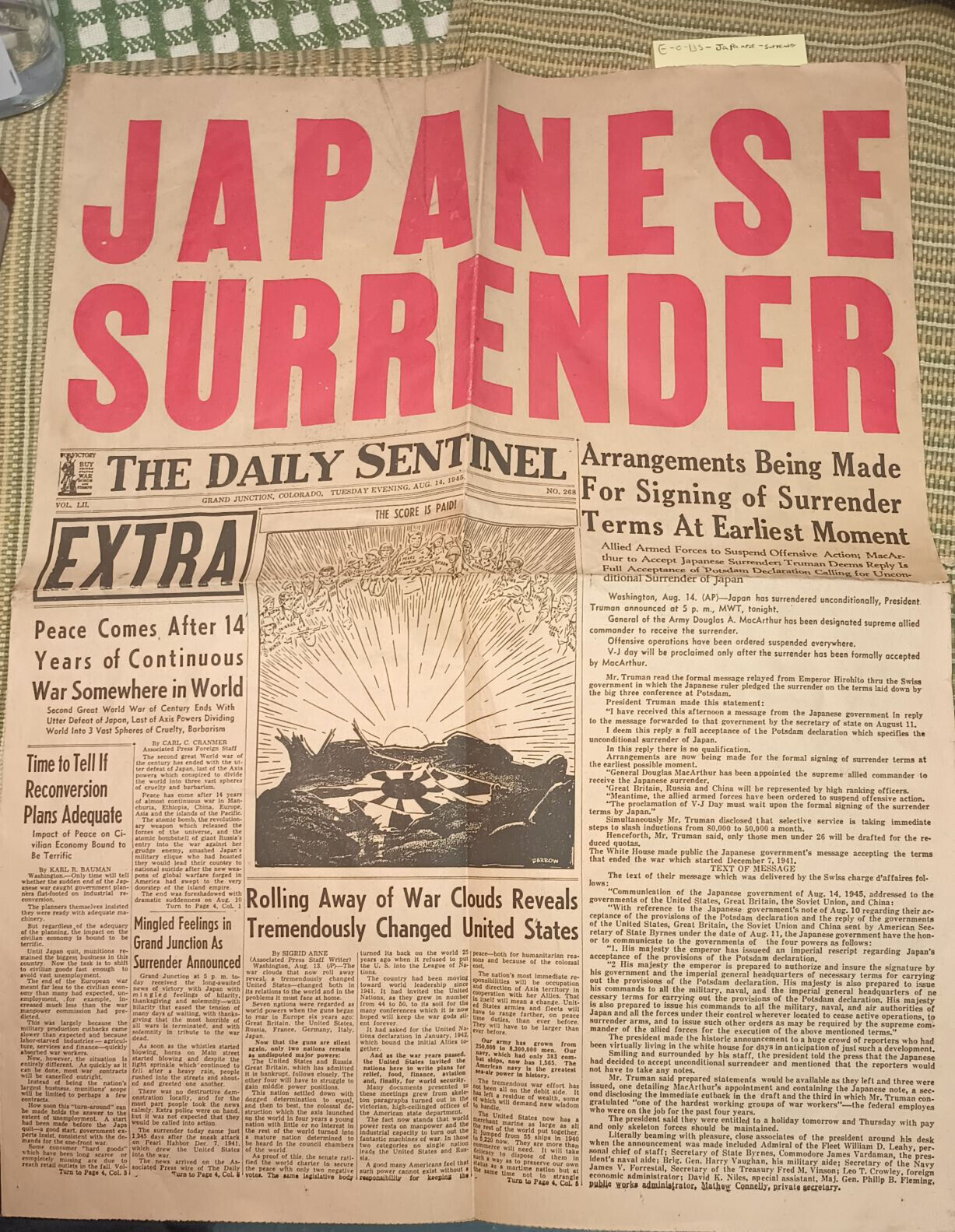 August 14 1945 WWII Newspaper; Japanese, Japan Surrenders