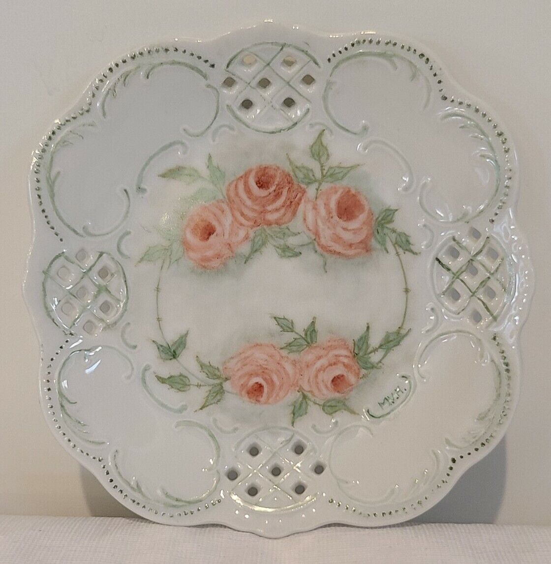 Vintage Hand Painted Plate With Roses Signed M.V.H.