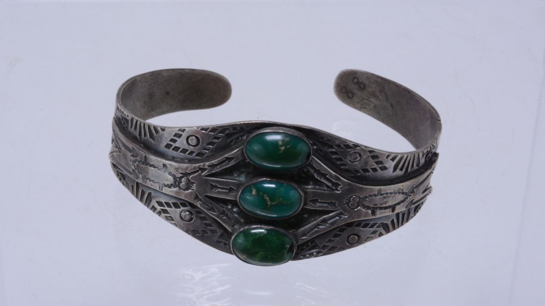 Old Pawn Navajo Indian Bracelet 3 turquoise settings; stamps  - Fred Harvey Era