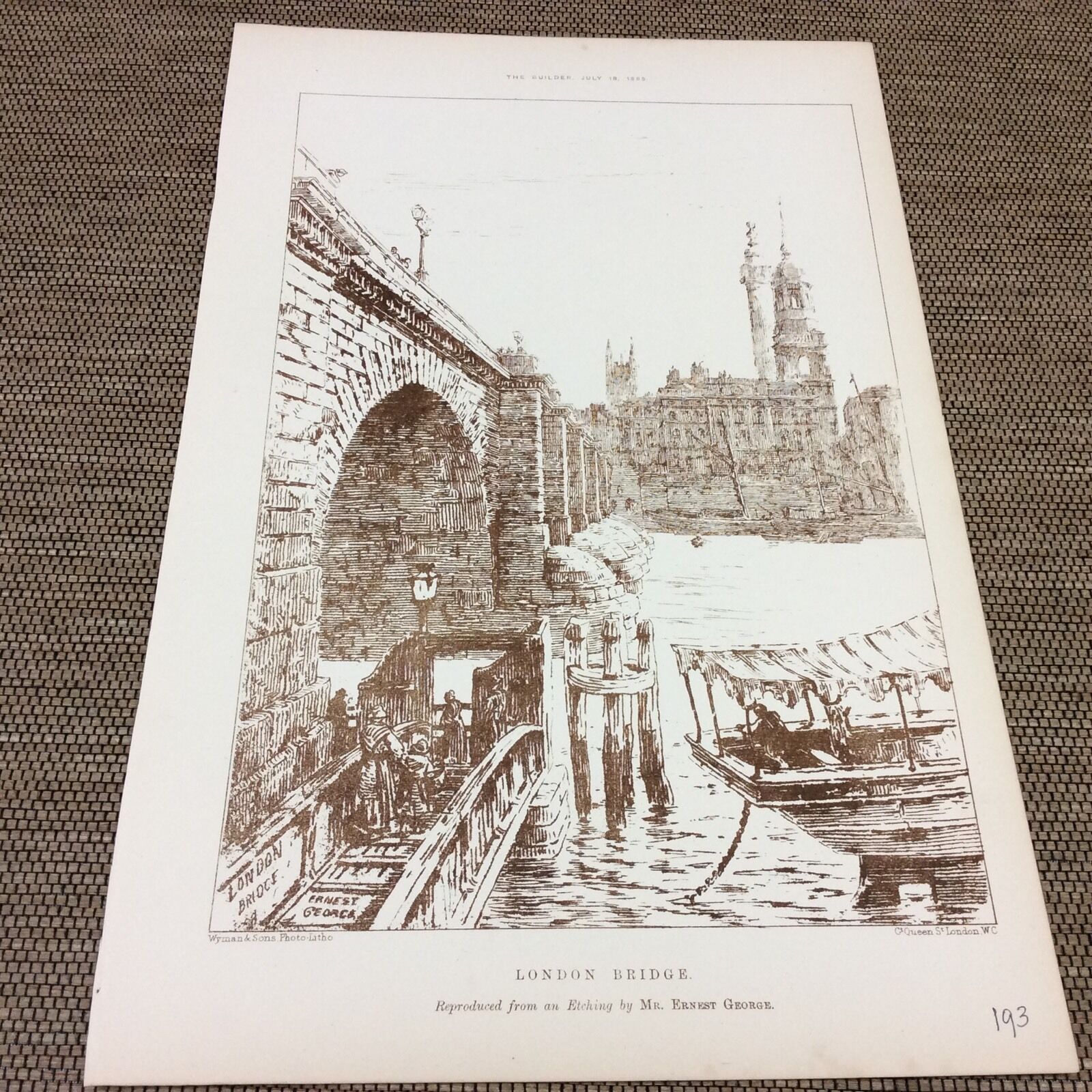 1885 Antique Architects print - london bridge photo-lithograph