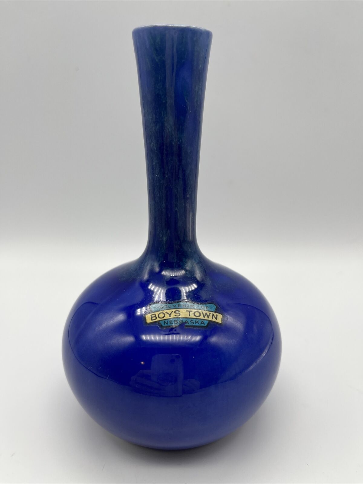Vintage Boys Town MCM Bud Vase Drip Glaze Blue Nebraska Souvenir Ceramic 5.5” Ht