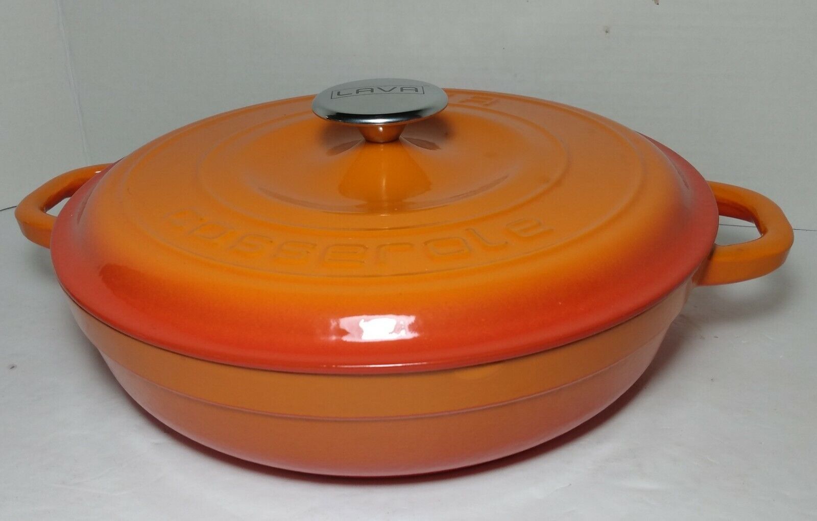 LAVA Enameled Cast Iron Low Round  Casserole Pan in Flame Orange *New*