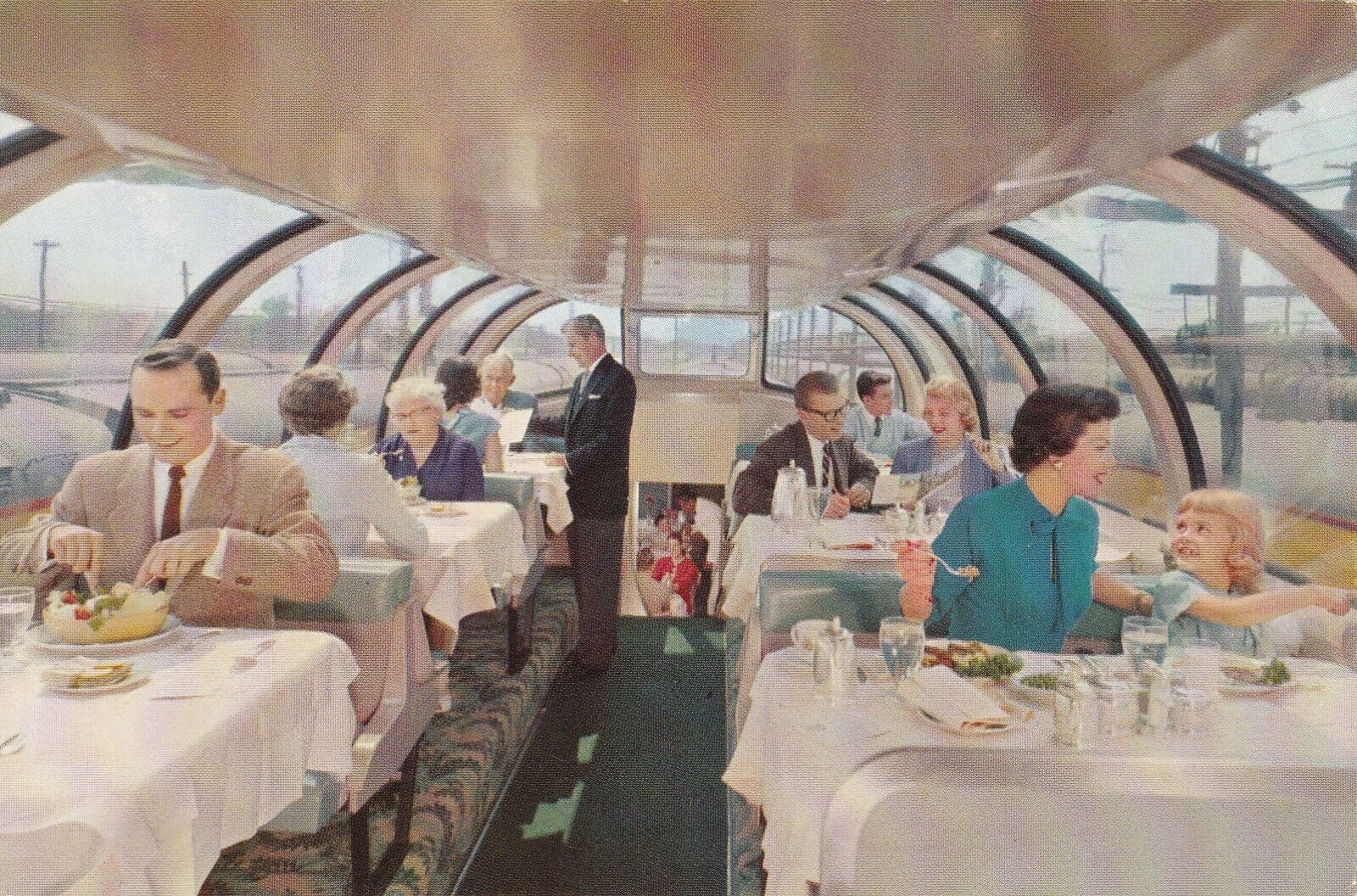 Vintage Postcard Union Pacific Railroad City of Los Angeles Domeliner Dining Car
