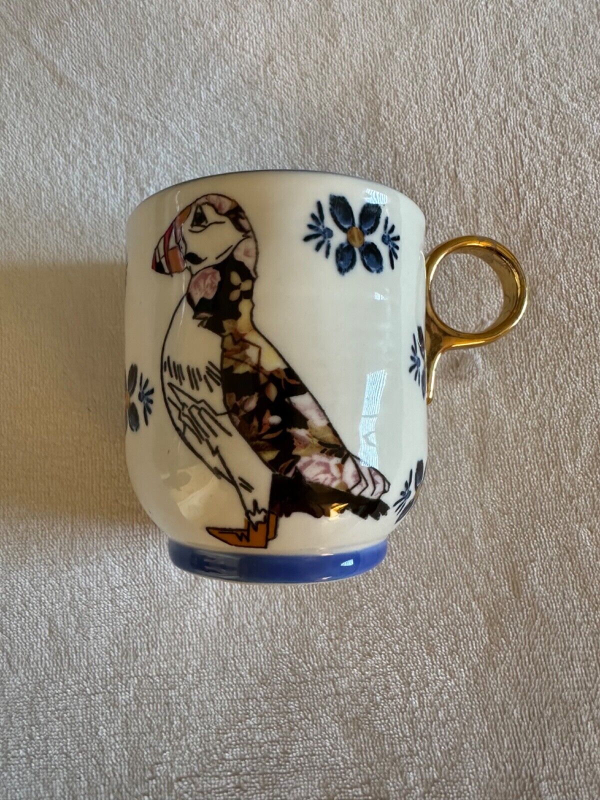 Anthropologie Plumology Series Puffin Mug By Lee Page Hanson with Gold Handle