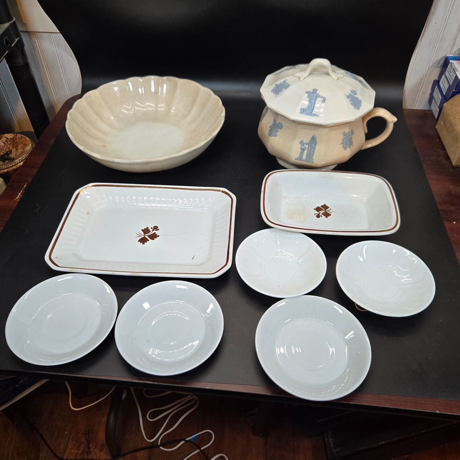 Lot of 10 piece Antique Ironstone jasperware chambers pot bowl tray saucers
