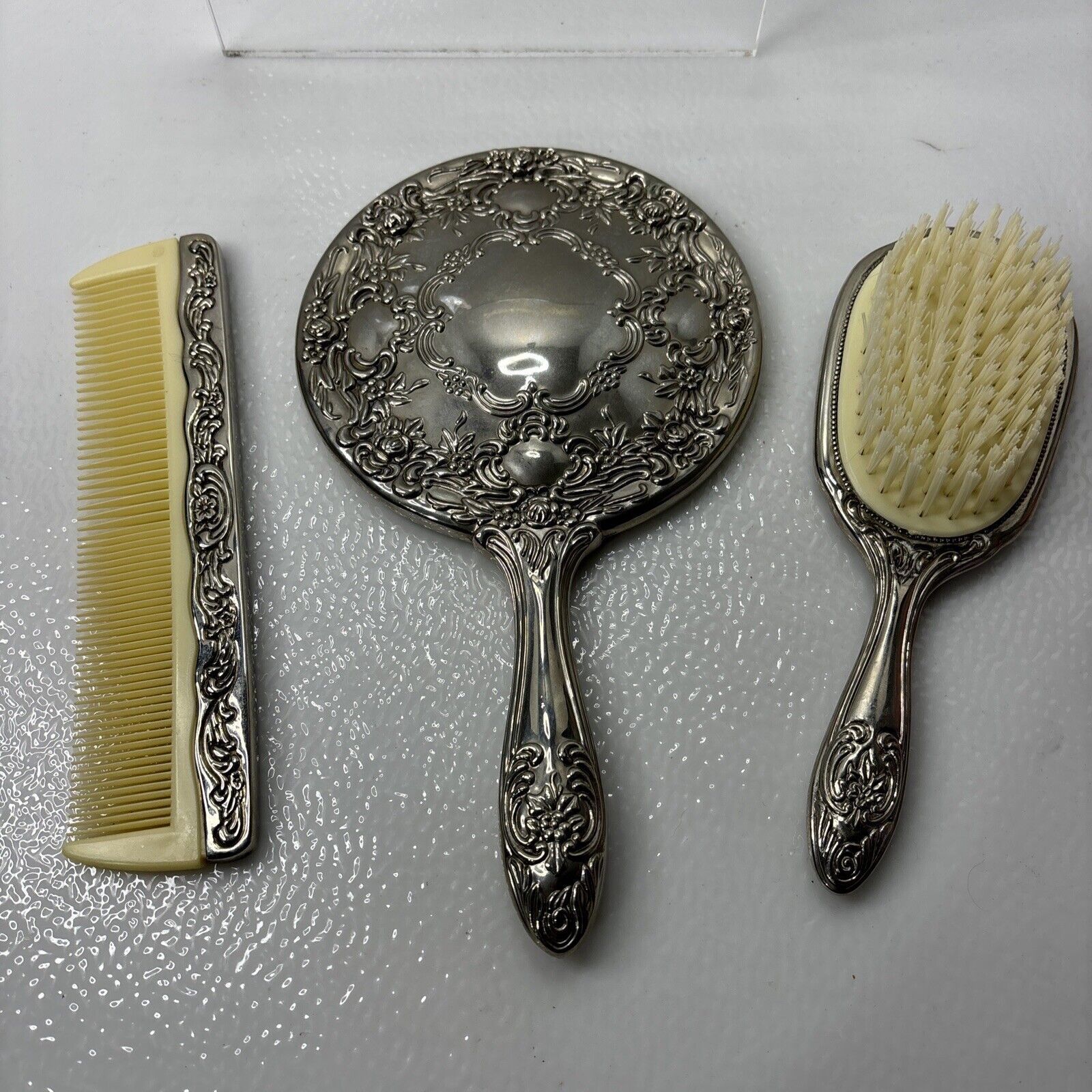 Vintage Vanity Set Silver Plate Hand Mirror Brush Comb 3 Piece Ornate Heavy