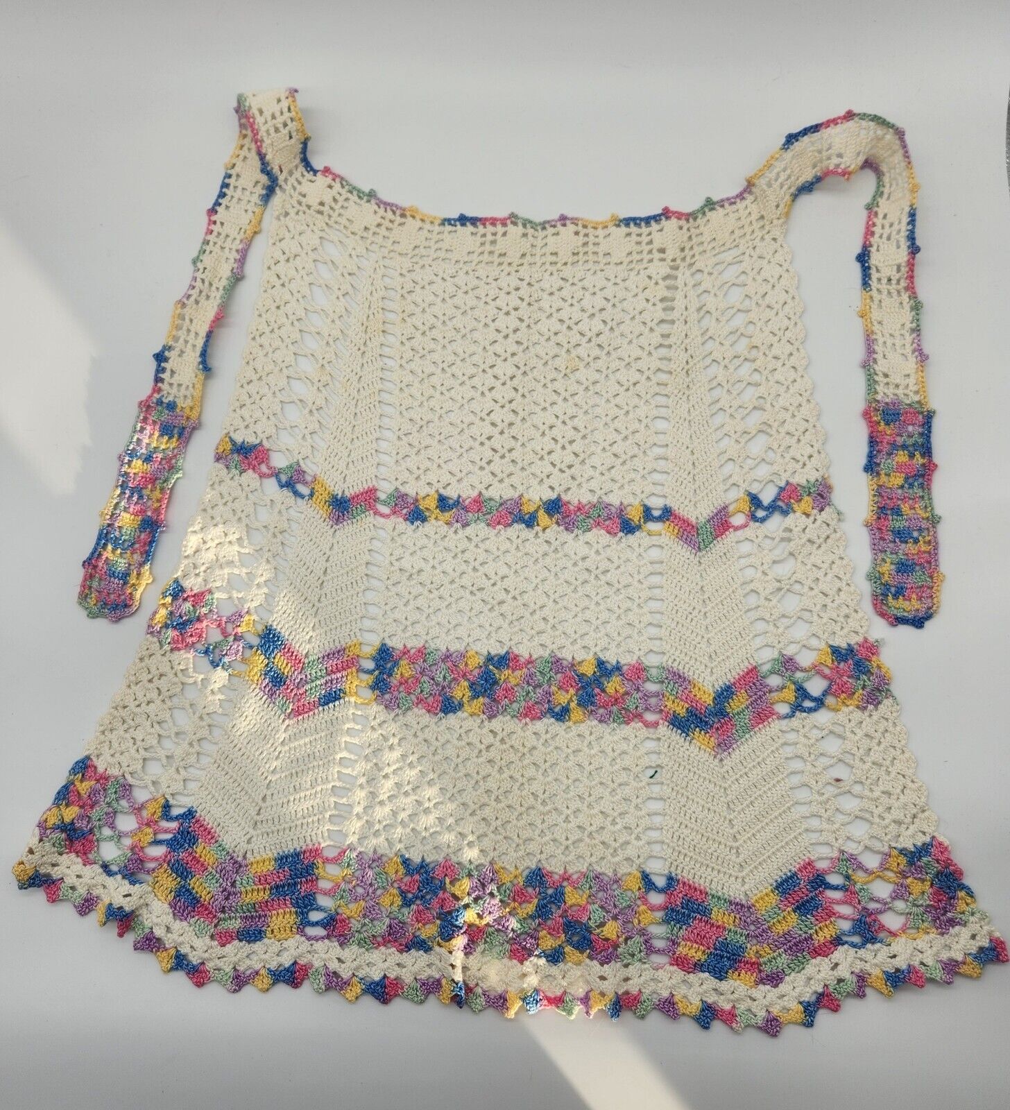 Vintage Hand Crocheted Apron Ivory with Rainbow Accents