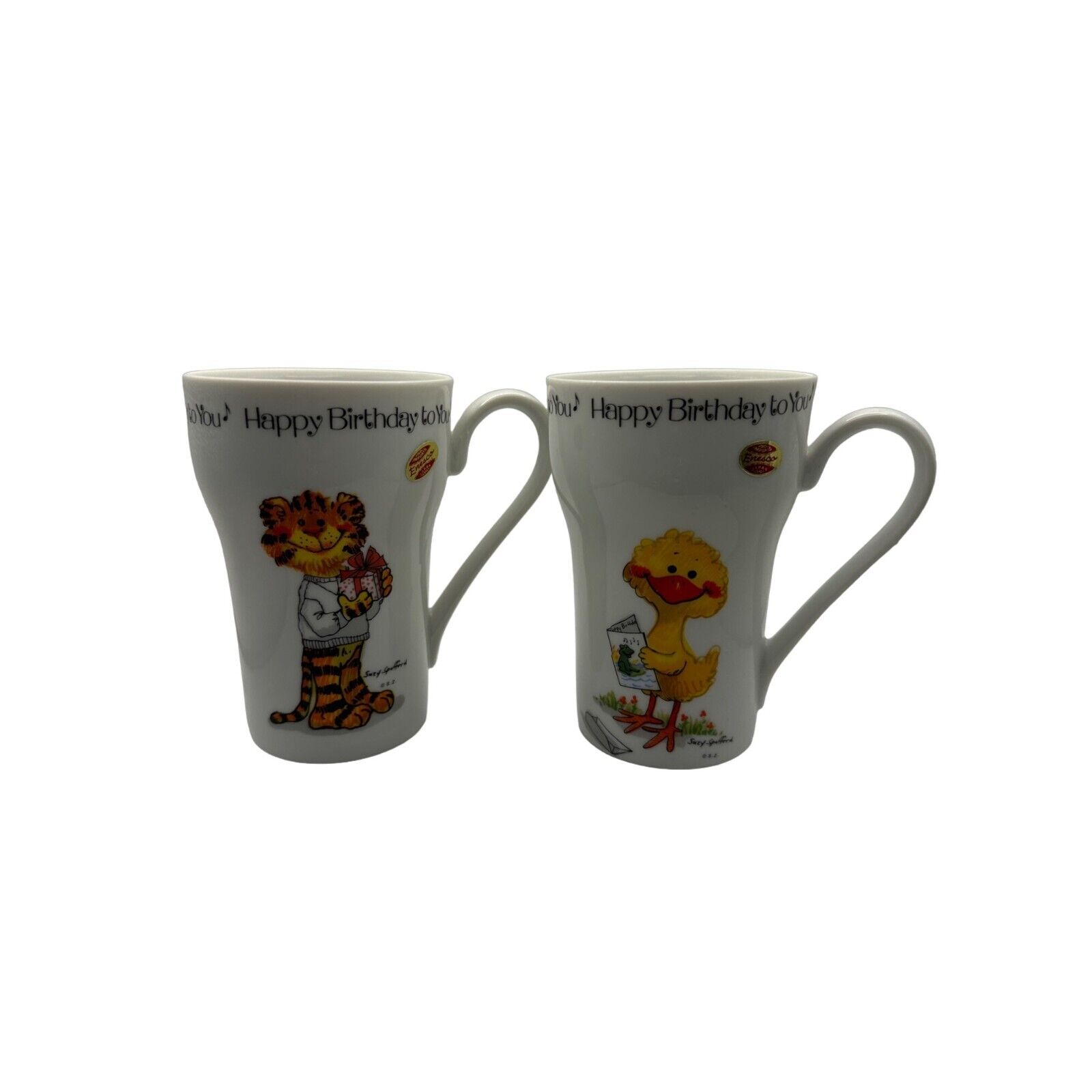 Vintage Enesco Happy Birthday Soda Mugs 1976 Suzy's Set of 2 Tiger and Duck