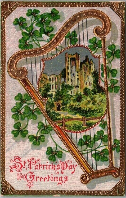 c1910s ST. PATRICK'S DAY Embossed GEL Postcard Gold Harp / Castle View UNUSED