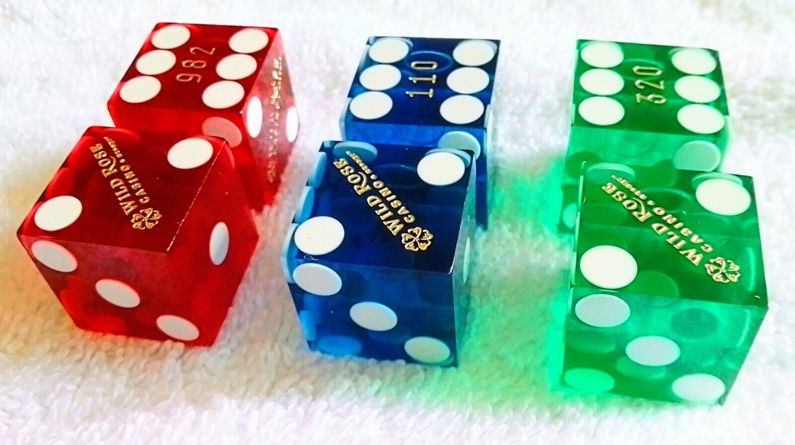 Wild Rose Casino RETIRED DICE 3 Pairs Each Different Color RED, GREEN & BLUE