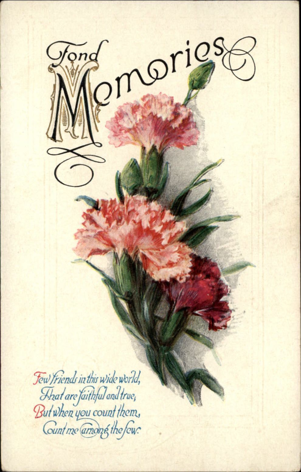 Greeting poem Fond Memories ~ pretty pink red carnations ~ c1910 unused
