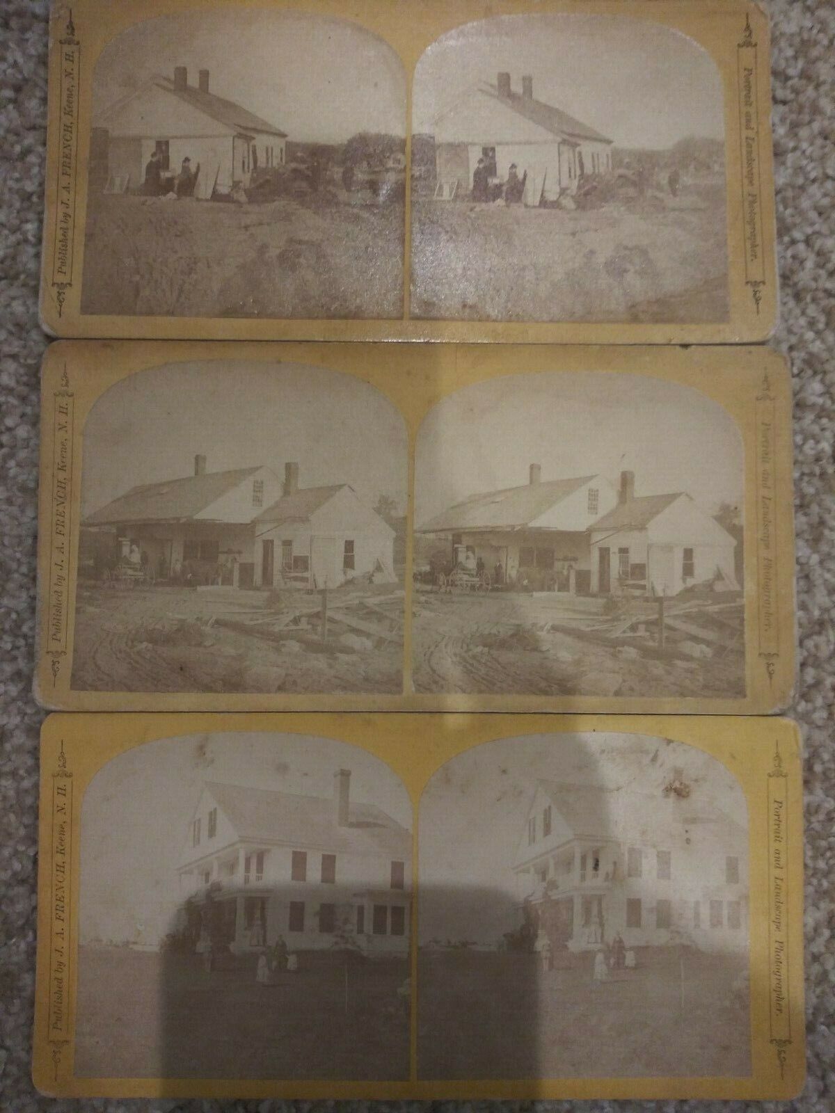 JA French House Flood Home Homestead 1874 Stereoview  Antique Photo Lot x3