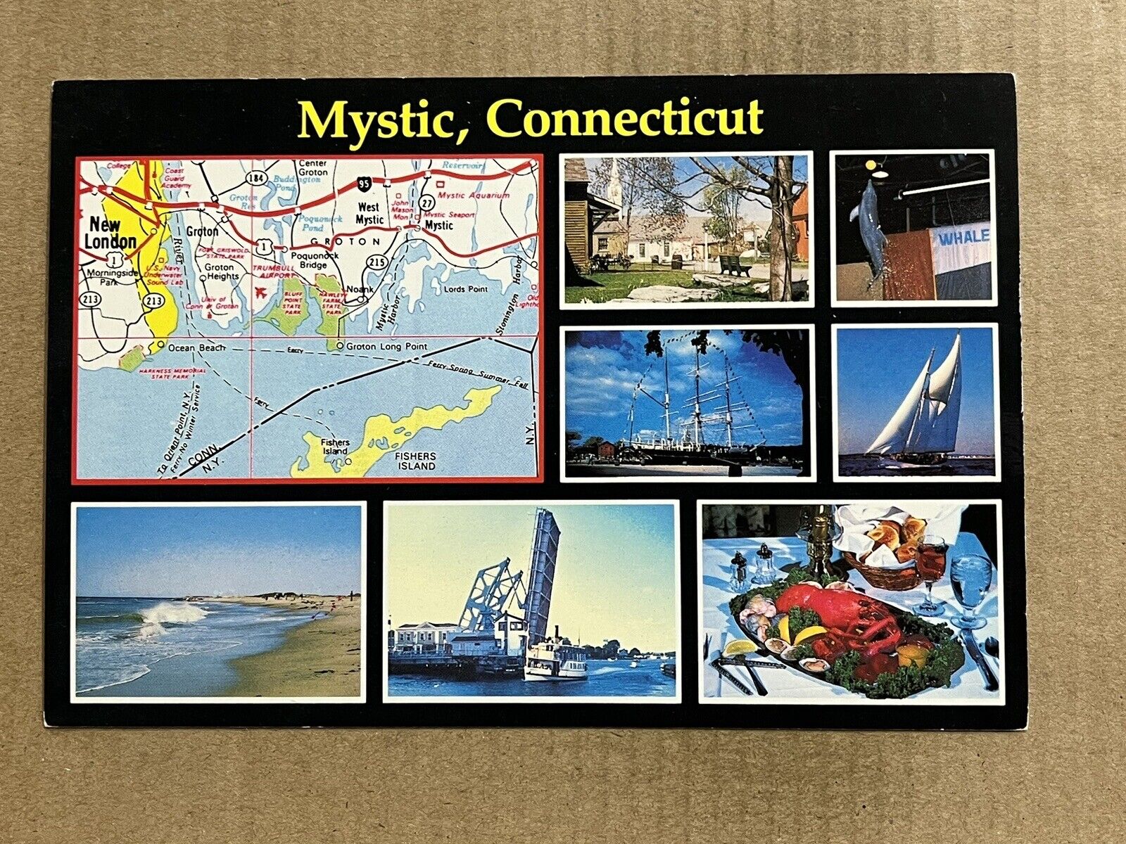 Postcard Mystic CT Connecticut Ships Seaport Map Beach Aquarium Vintage PC
