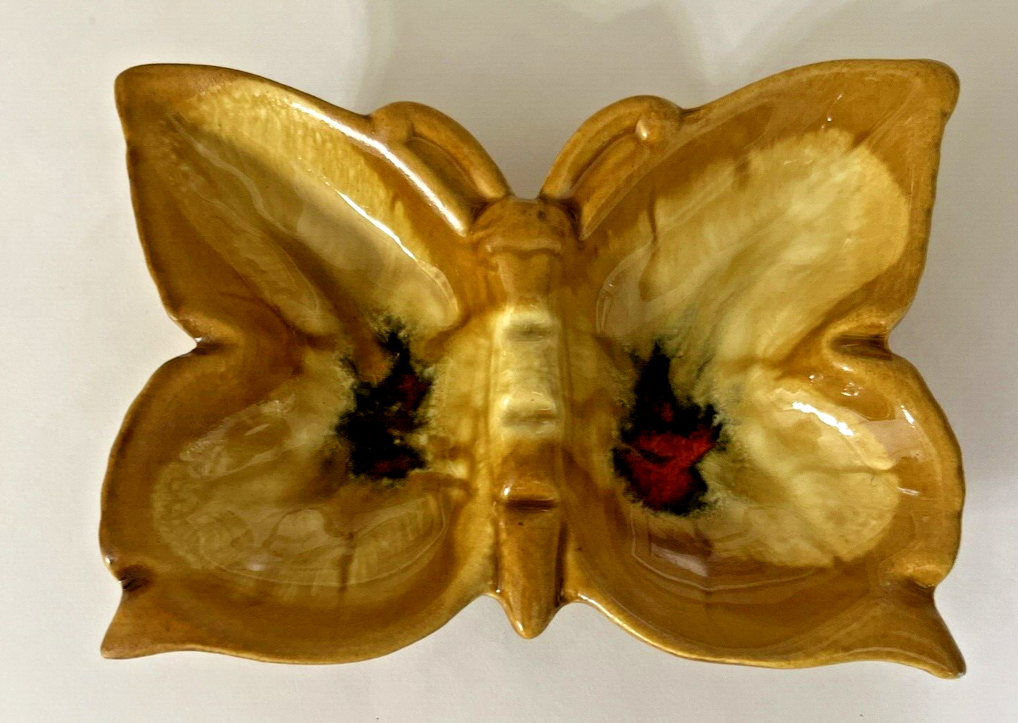 Mid Century Modern Ashtray Drip Glaze Gold Red Butterfly Shape USA MCM Vintage