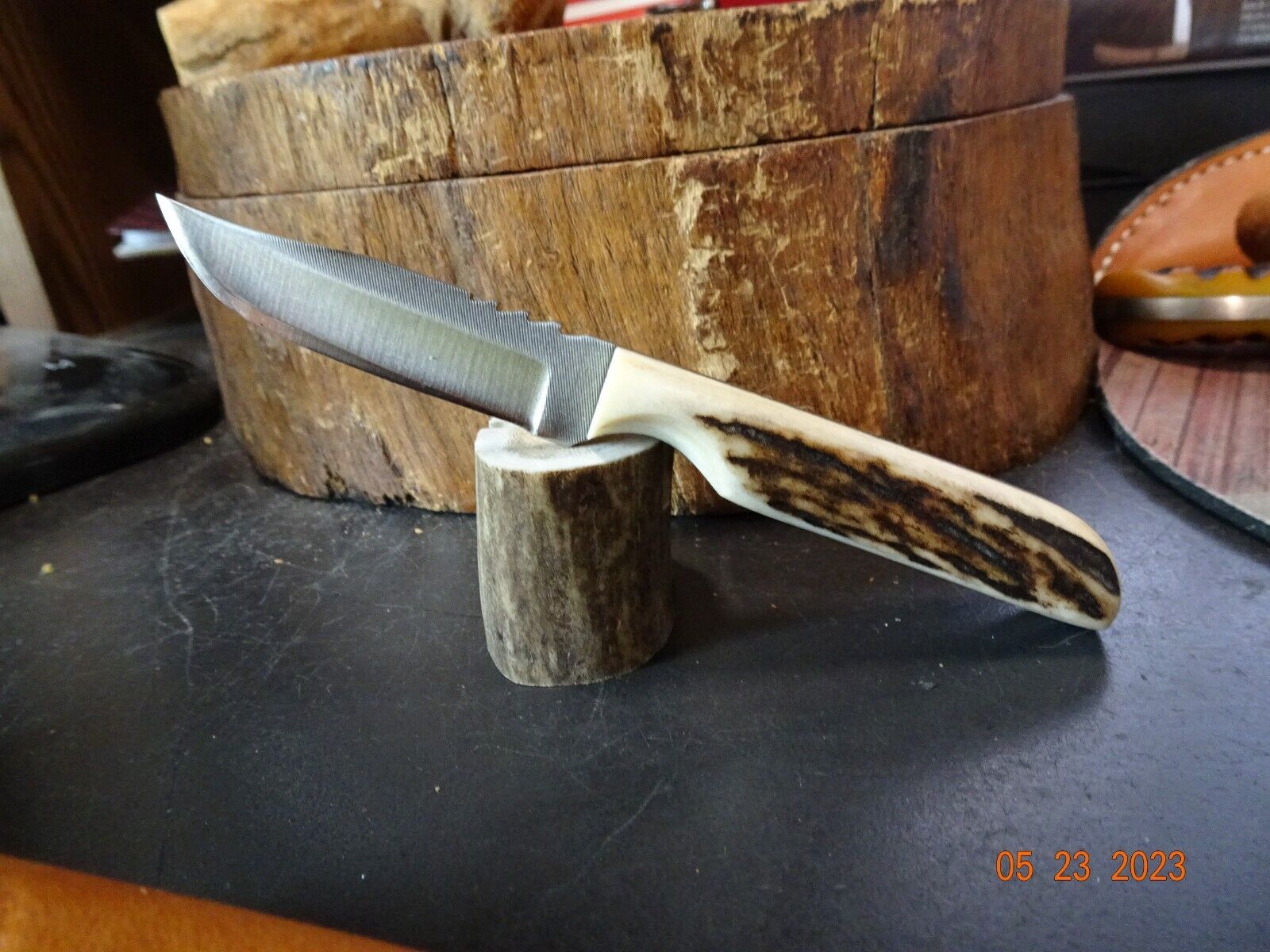 ANZA #7 MINI FIXED BLADE KNIFE ELK HANDLE  BLADE HC FILESTEEL TOOLED SPINE LE SH