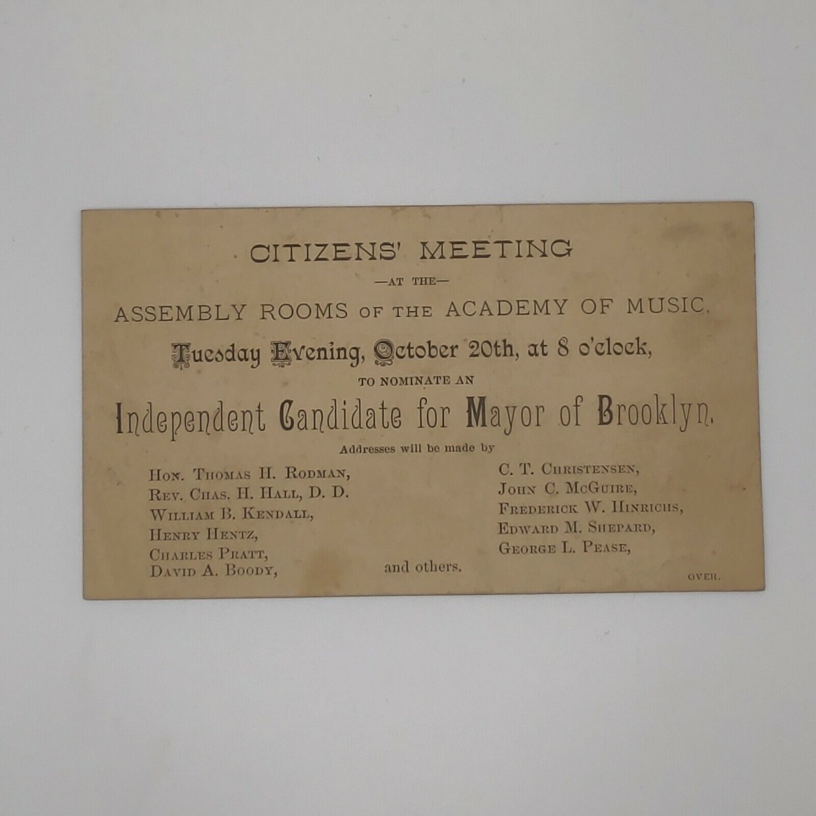 Original 1891 Brooklyn New York Citizens Meeting for Independent Mayor Handbill