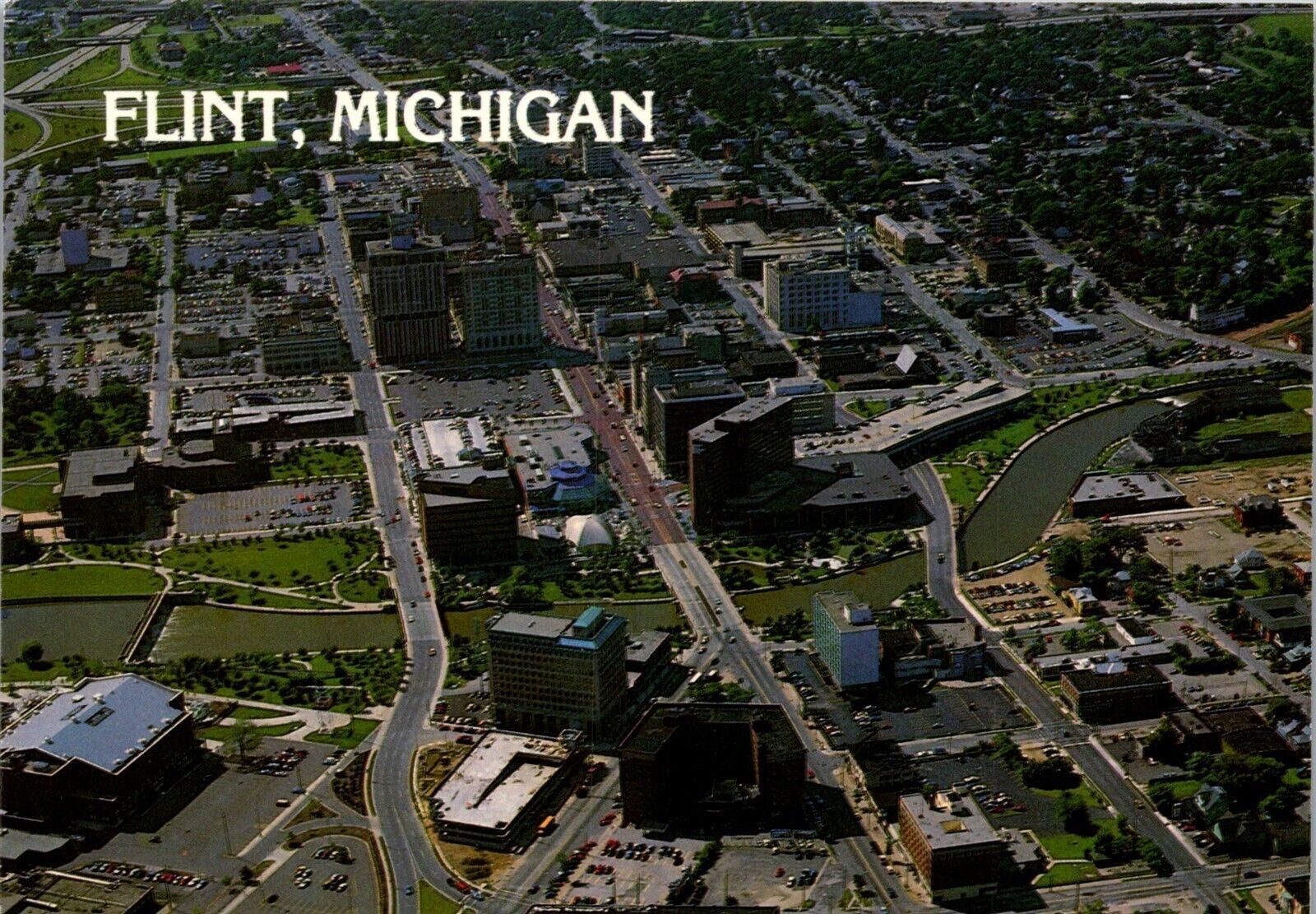 Vintage Michigan MI Postcard Aerial View of Flint downtown area
