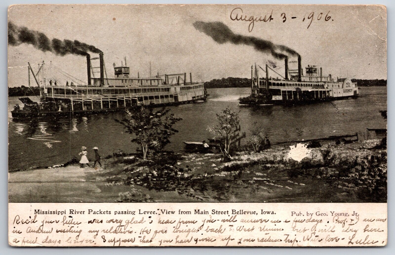 Bellevue Iowa~Mississippi River Packets Pass Levee @ Main Street~1906 Pc