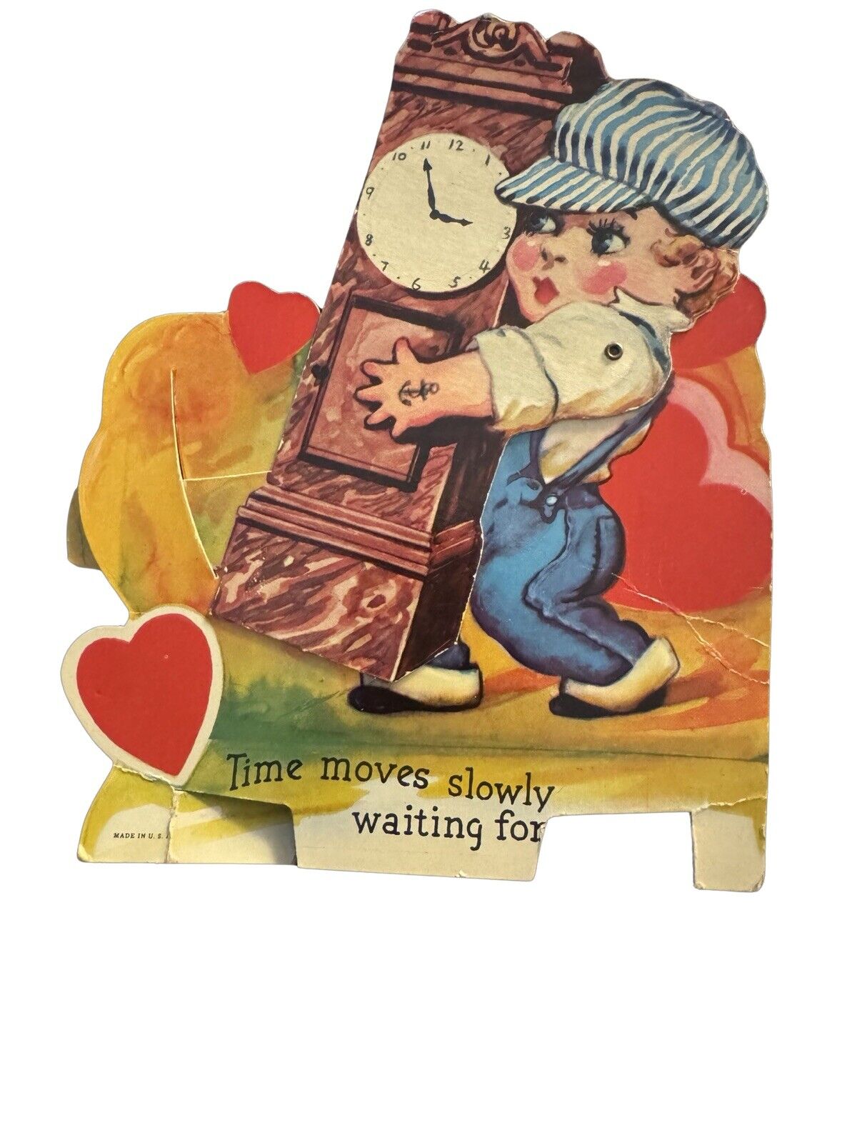 Vintage Antique Die Cut Mechanical Valentine Card Boy Carrying Clock 1938