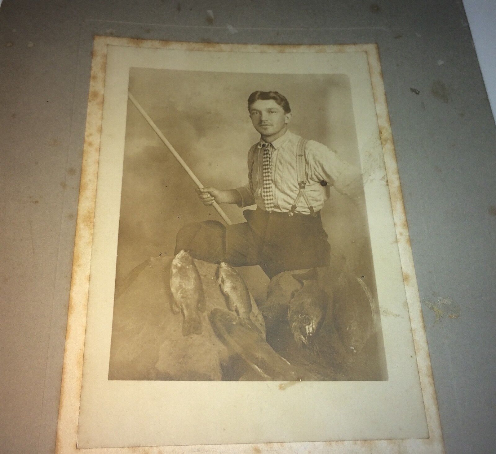 Rare Antique American Fisherman, Poll / Rod & Fishing Catch NH Cabinet Photo