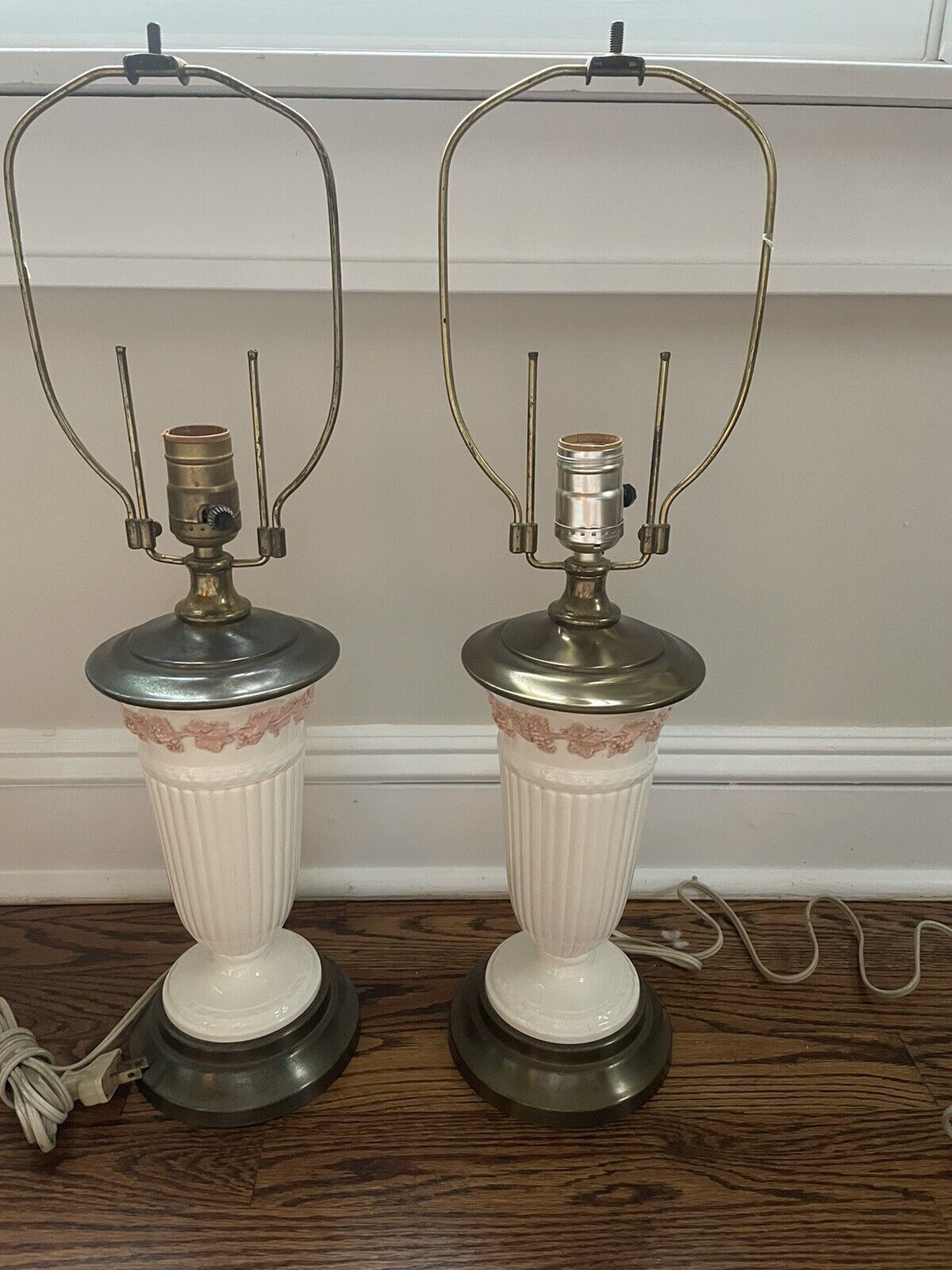 Vintage Pair Wedgwood Queensware Embossed Pink Grapevine Table Lamps