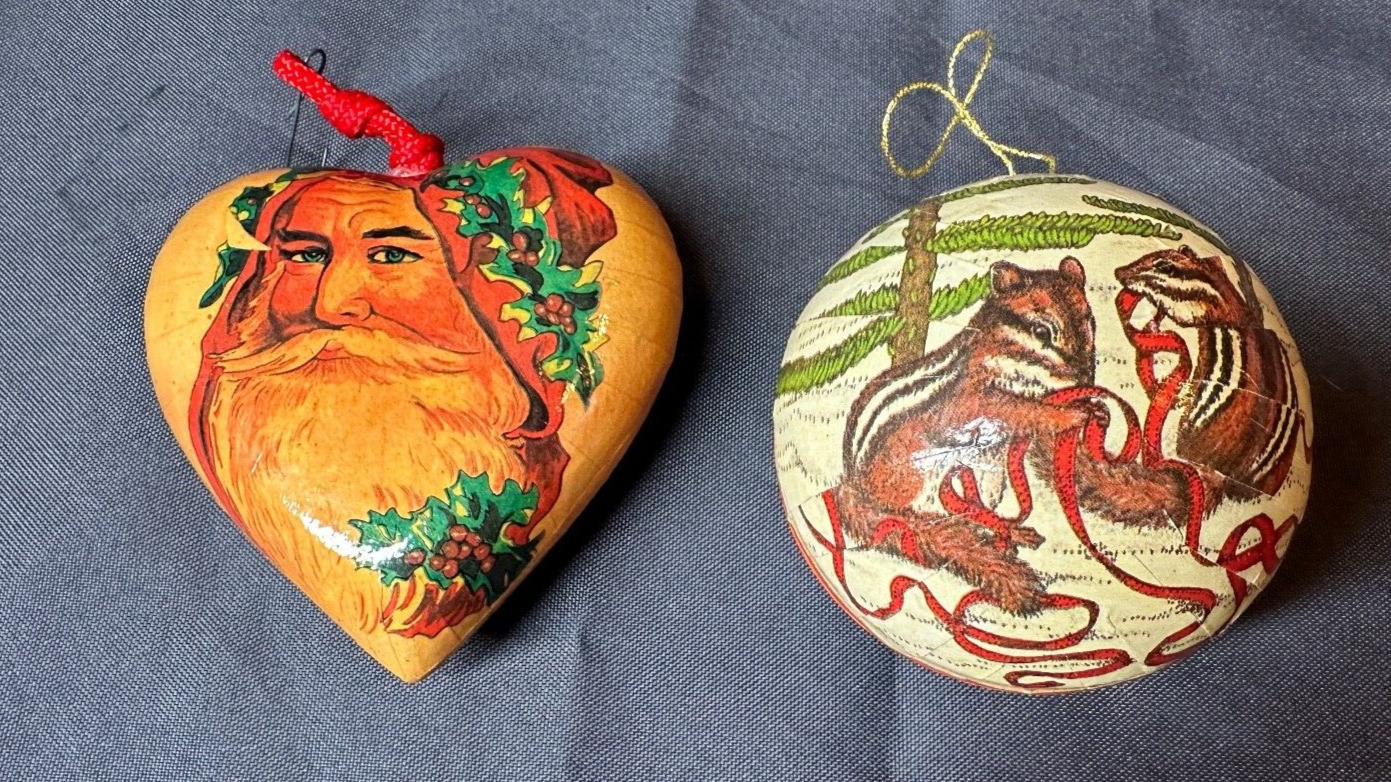 2 Vtg Paper Mache Christmas Ornaments includes Candy Container Ball from Germany