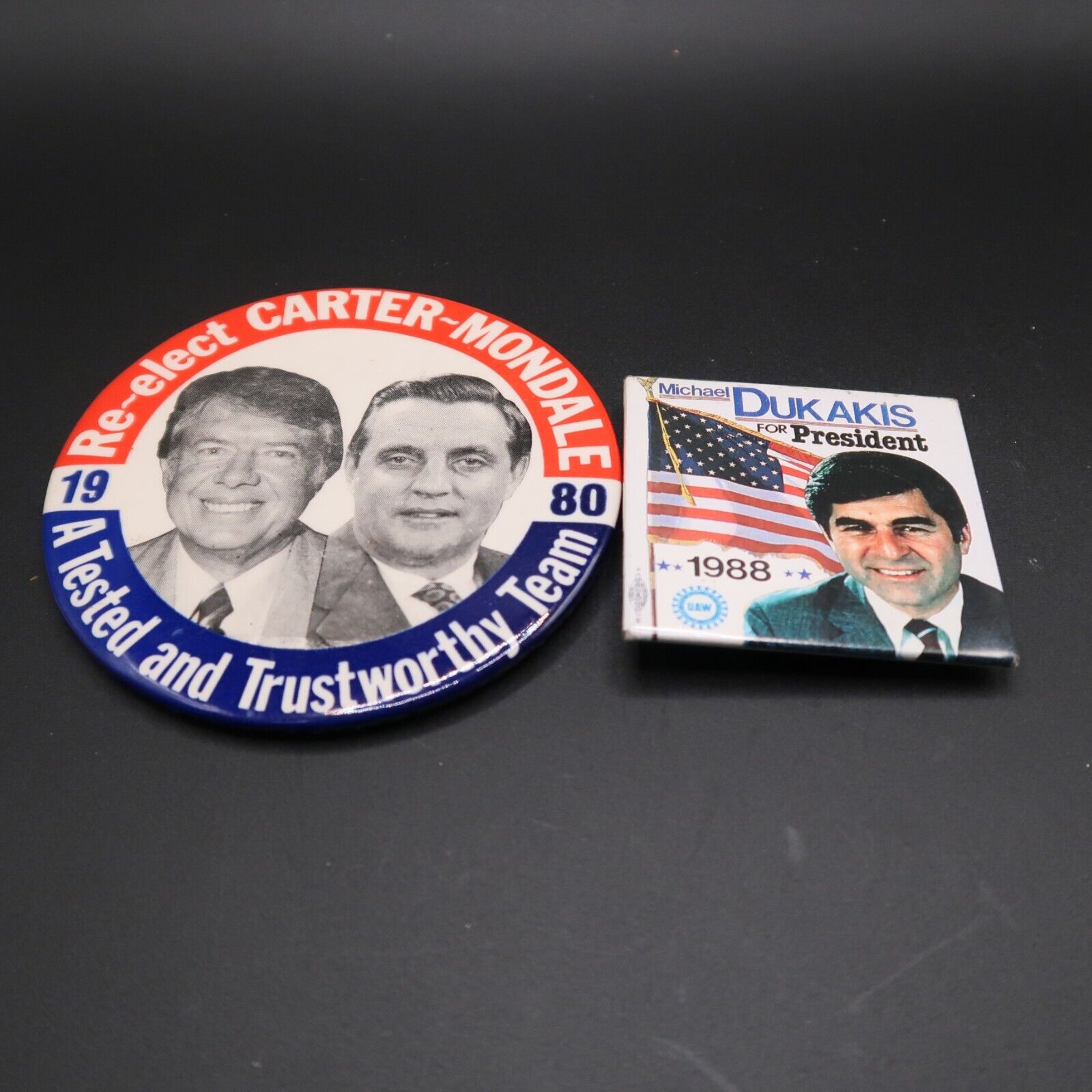 Vintage Political Pin Button Lot of 2 Carter Mondale Dukakis 1980s Presidential