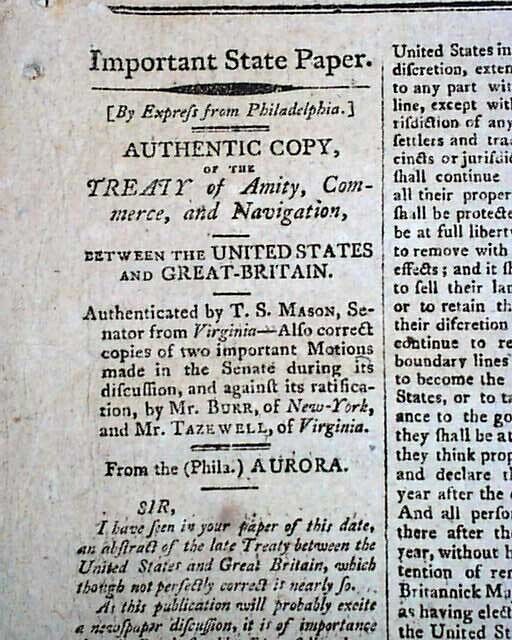 (2) John JAY\'S TREATY George Washington - Lord Grenville & War 1796 Newspapers