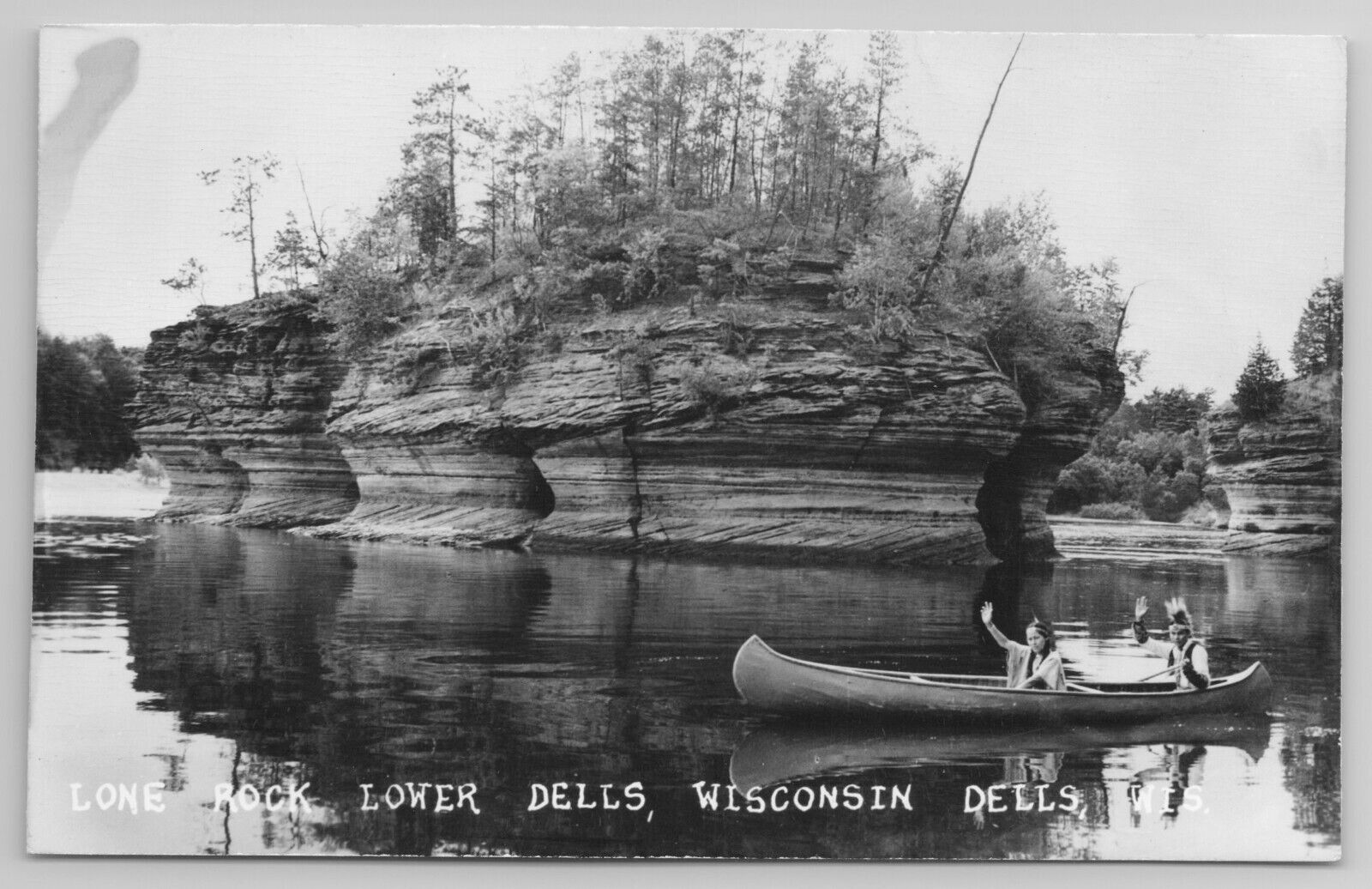 1930-50 Postcard Lone Rock Lower Dells  Wisconsin WI Rppc Real Photo Canoe