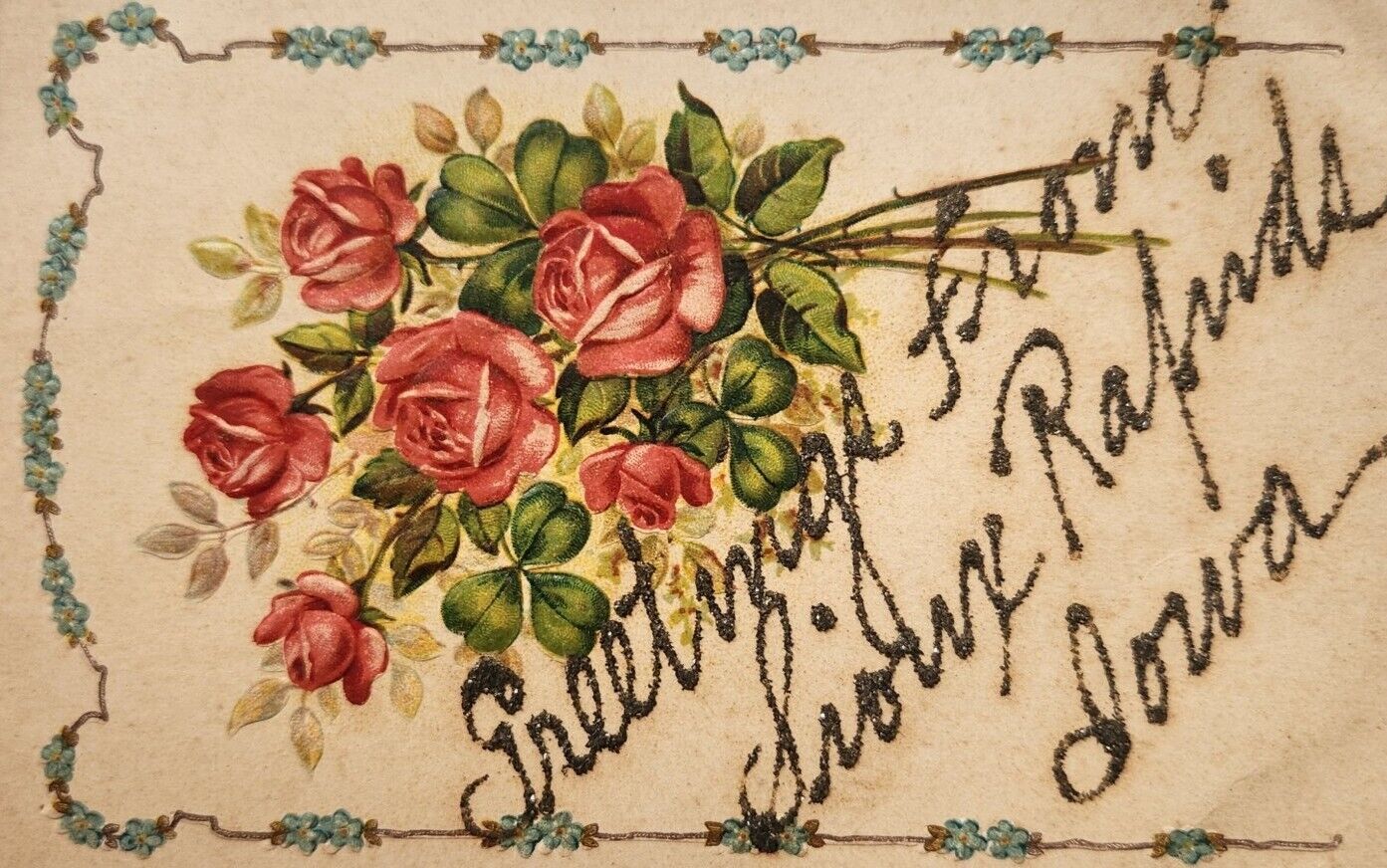 Roses Floral Greetings Embossed Glitter Sioux Rapids IA Postcard Vintage