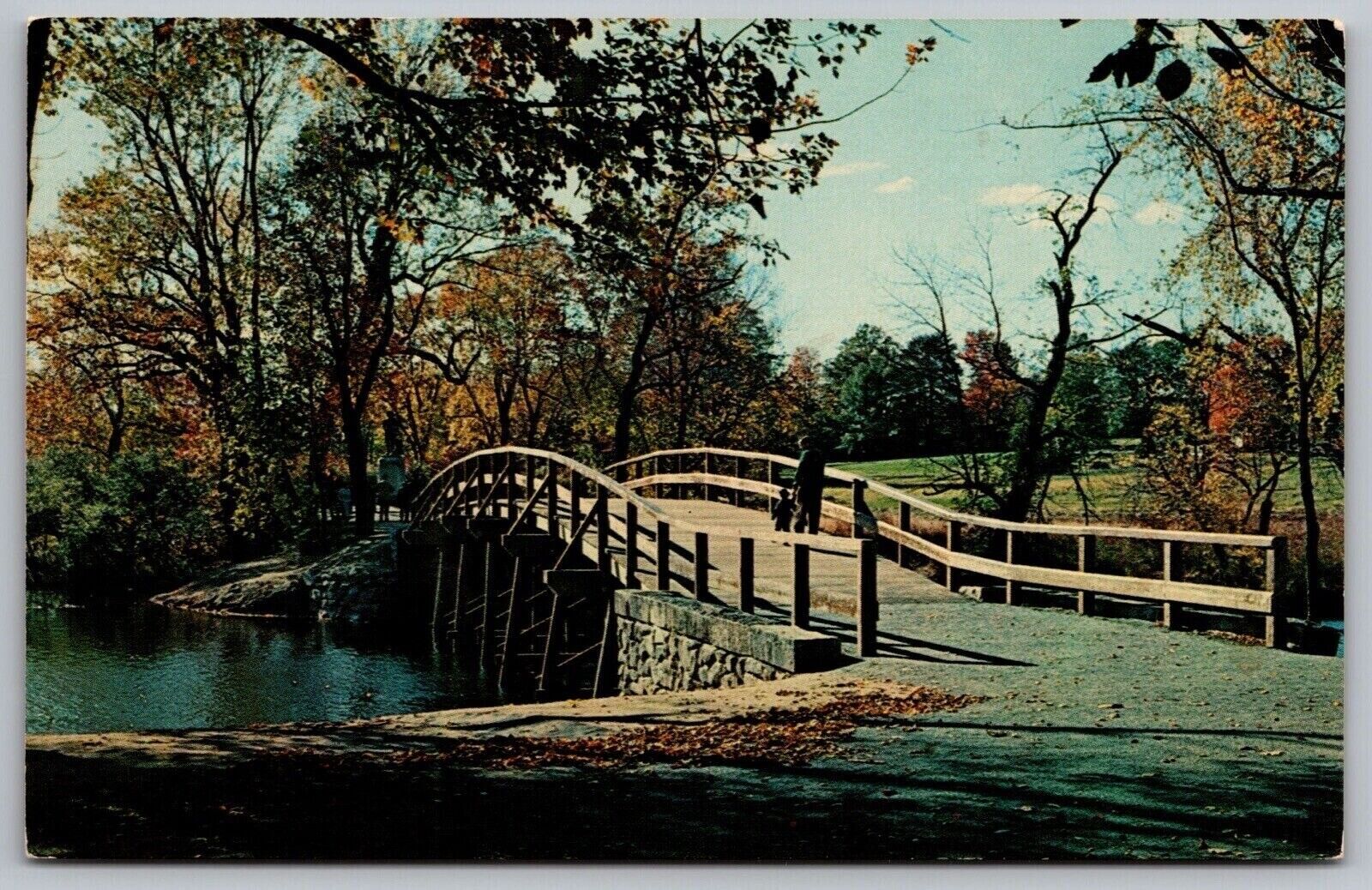 Massachusetts Concord Old North Bridge Minutemen British Back Autumn Postcard